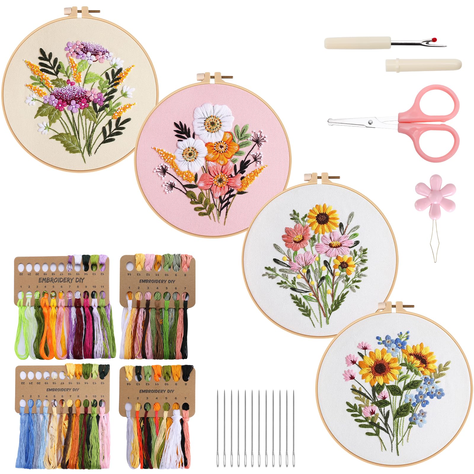 VynyQoo 4pcs Flower Embroidery Kits for Beginners Adults | Includes Hoop, Thread, Needles & Video Tutorial 1