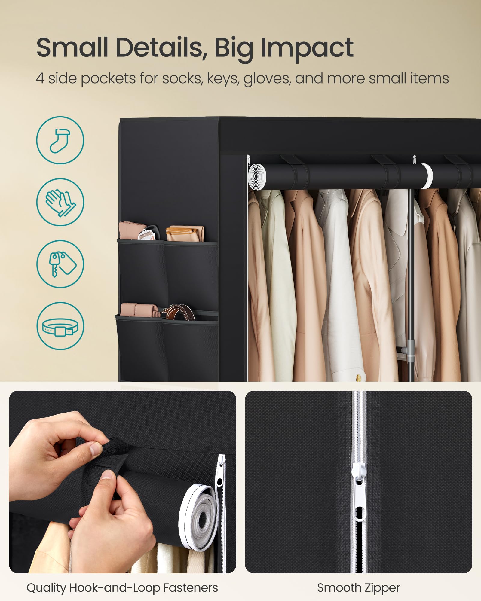 SONGMICS Portable Clothes Wardrobe - 3 Hanging Sections | 188W cm | Black 7