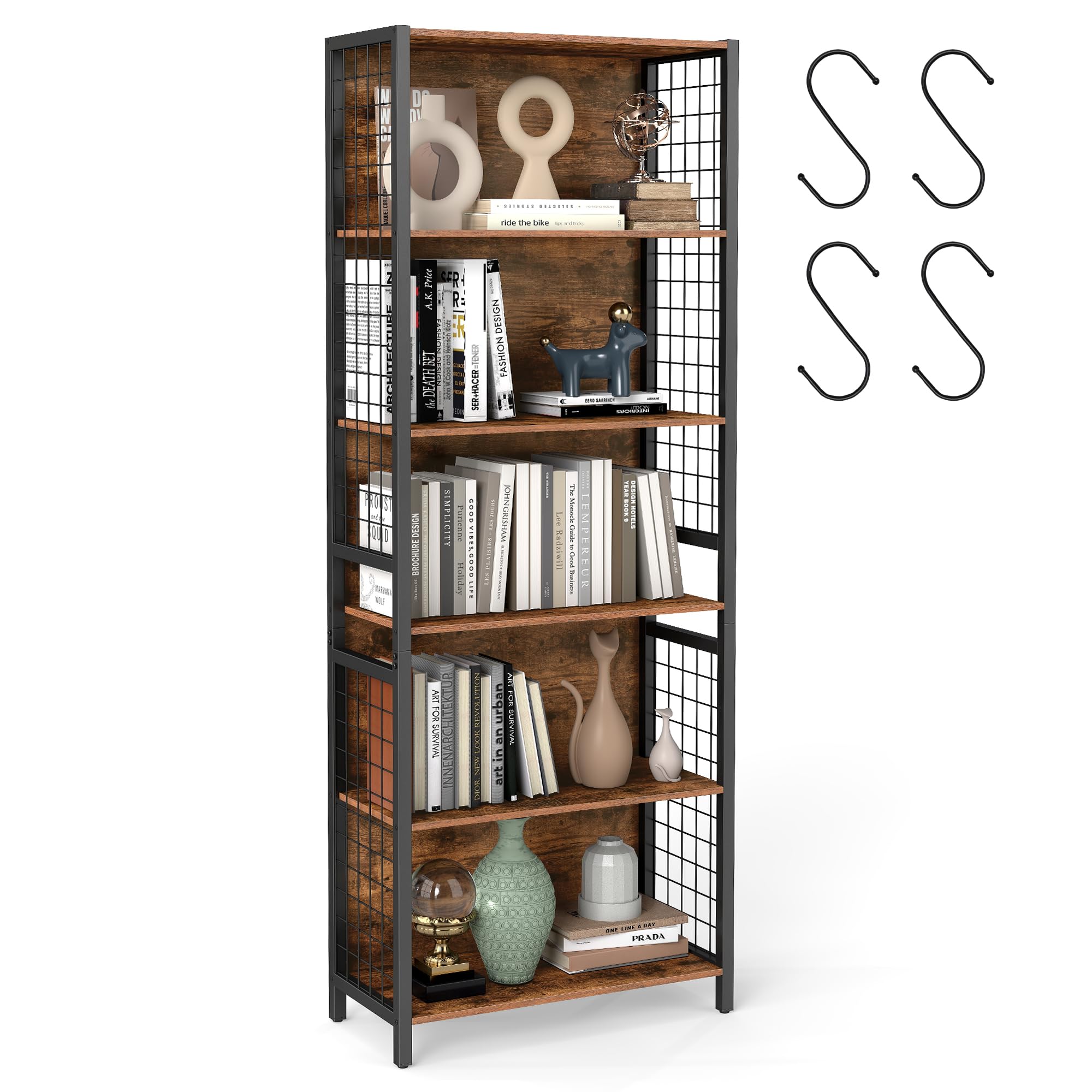 VASAGLE 6-Tier Bookcase with 4 Hooks | Rustic Brown & Ink Black | 30 x 60 x 175.6 cm
