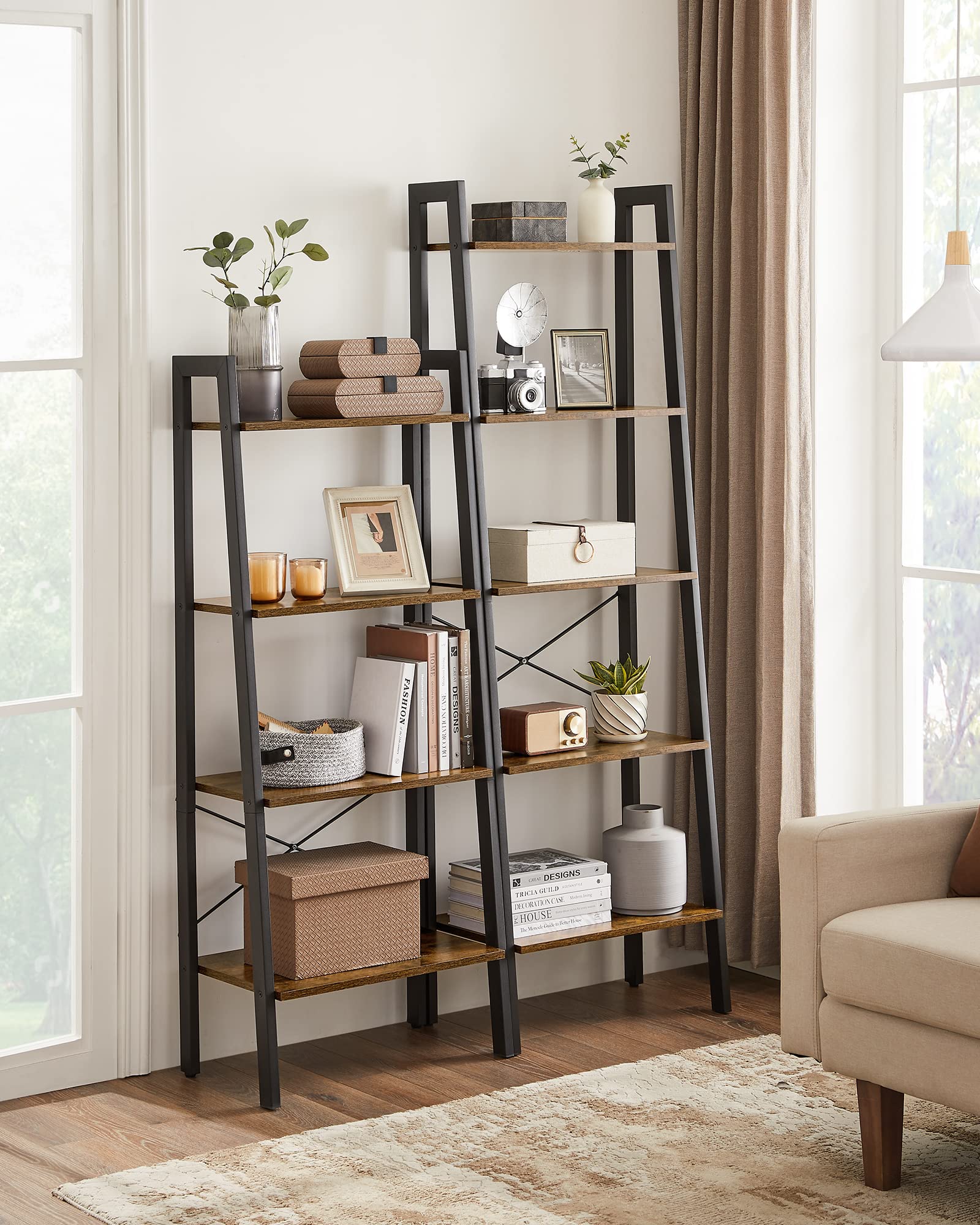 VASAGLE Ladder Shelf - 4-Tier Industrial Storage Rack | Rustic Brown & Black | 56 cm Wide 4