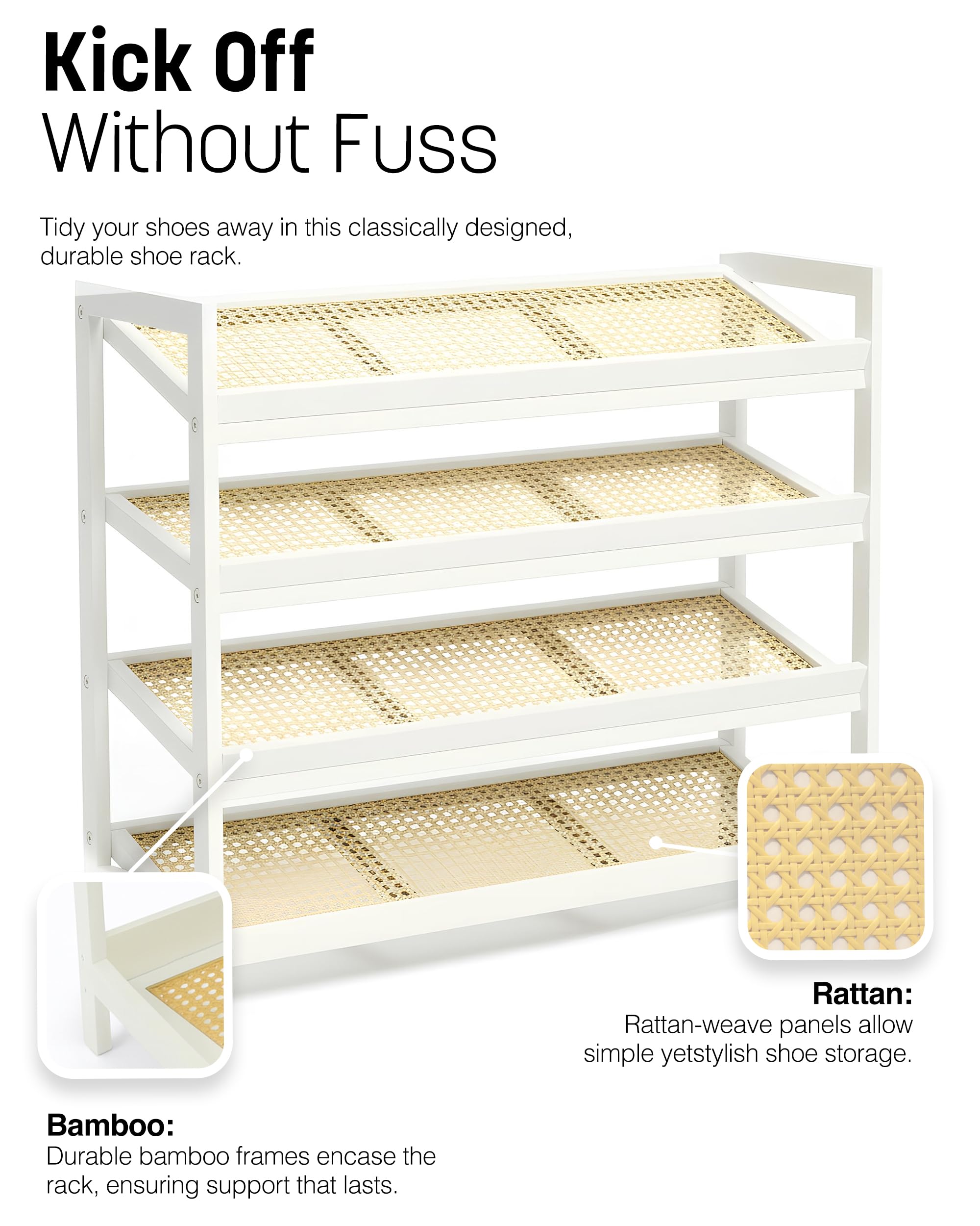 KEPLIN 4 Tier Bamboo and Rattan Shoe Rack | Compact Design | Holds 12 Pairs | Natural/White 7