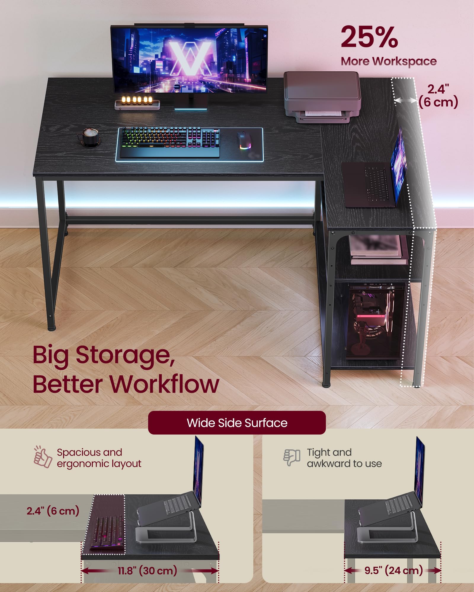 VASAGLE L-Shaped Corner Desk with Reversible Storage | 120 x 80 cm | Ebony Black 4