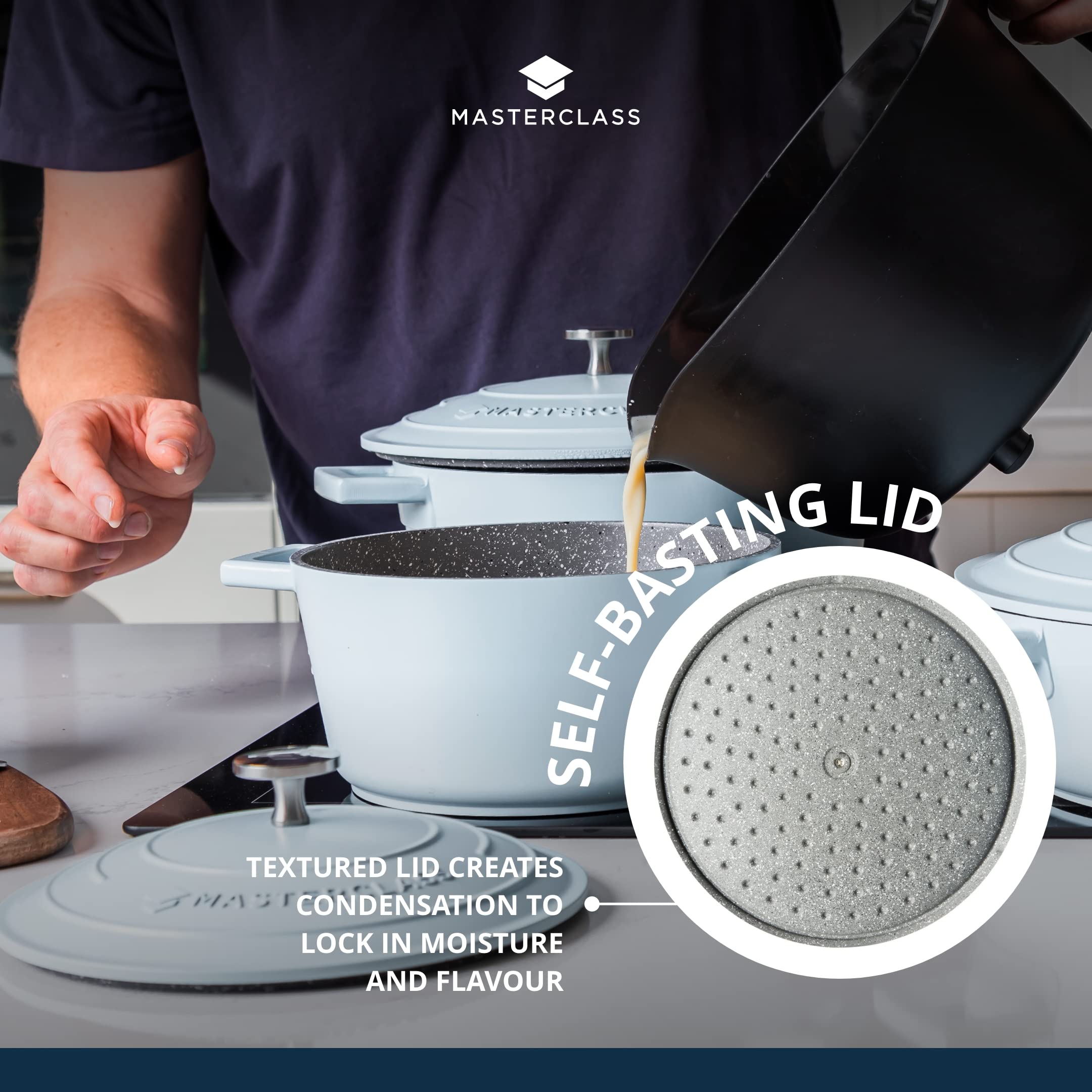 MasterClass 2.5L Cast Aluminium Casserole Dish with Lid | 20 cm Diameter | Sky Blue 6
