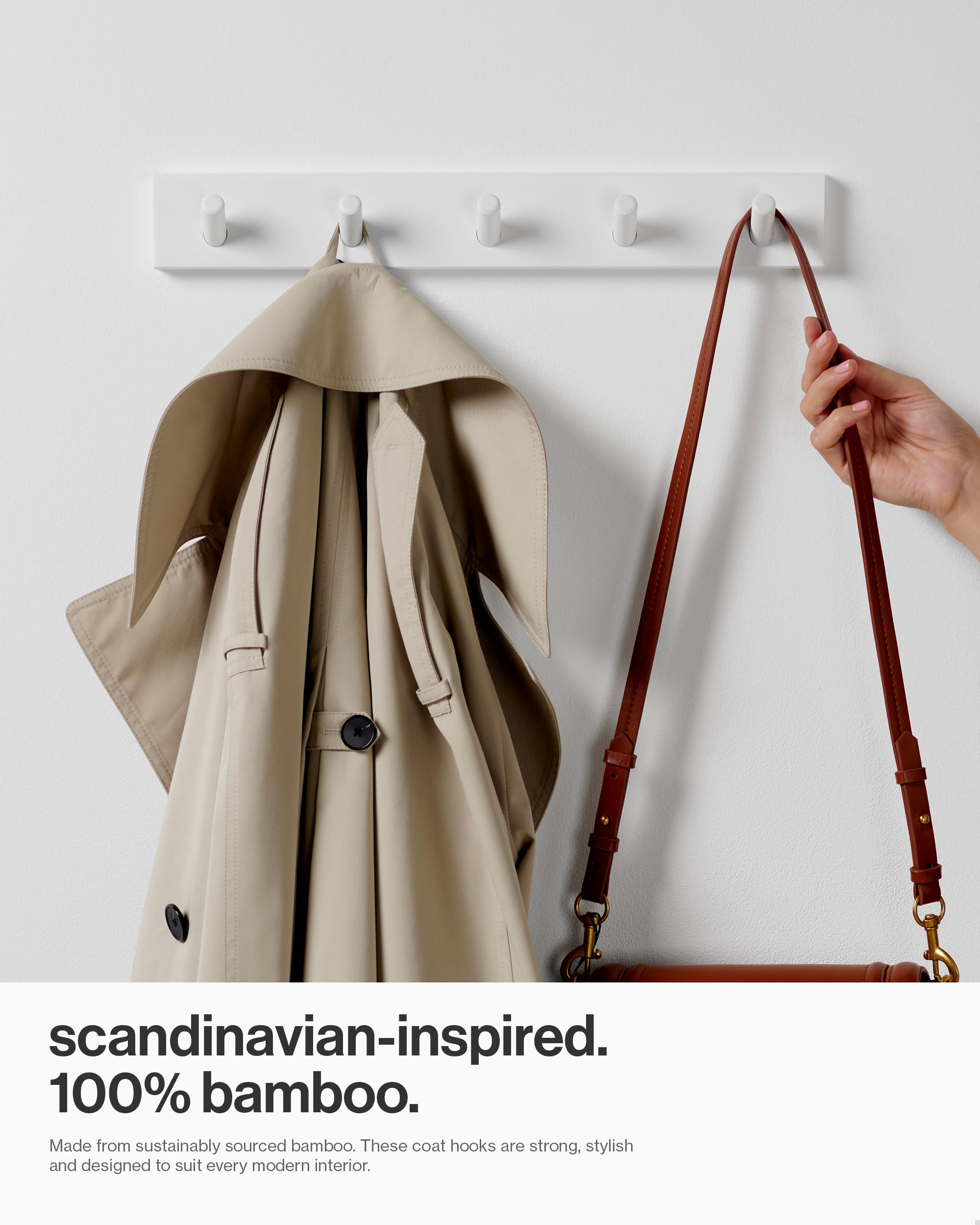 LARHN White Bamboo Wall Coat Rack - 5 Hooks, Heavy Duty, Max 20 kg Capacity