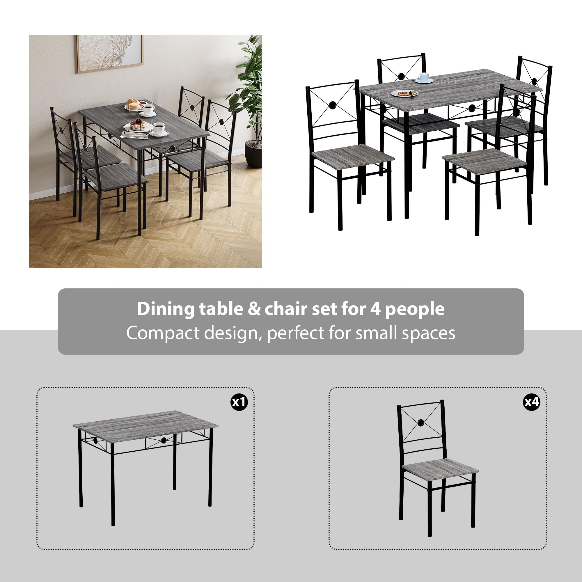 Vida Designs Roslyn 4 Seater Dining Set - Grey | Engineered Wood & Carbon Steel | 110cm Table 7
