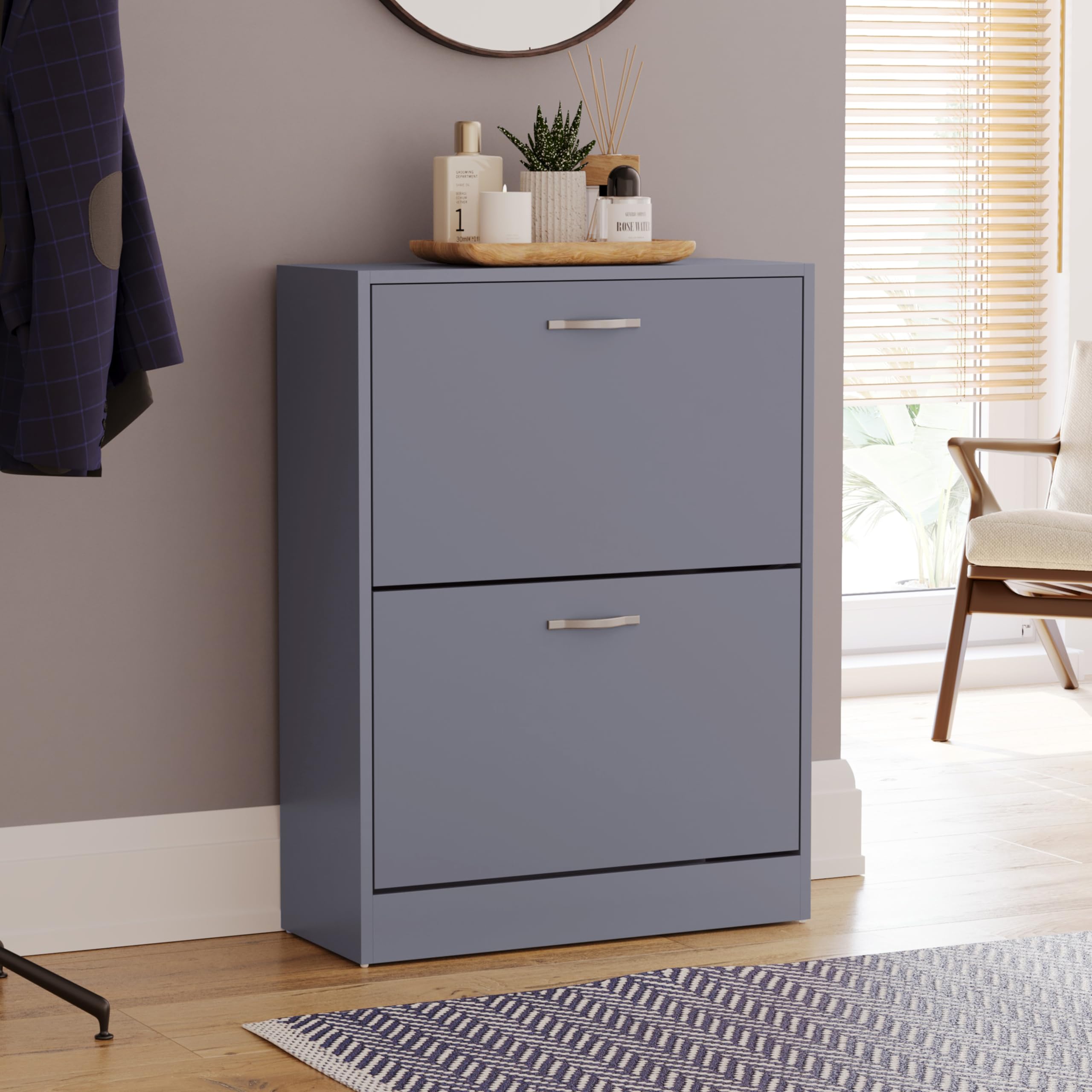 Vida Designs Wooden Shoe Cabinet with 2 Pull-Down Drawers | Slim, Freestanding Storage | Grey 1