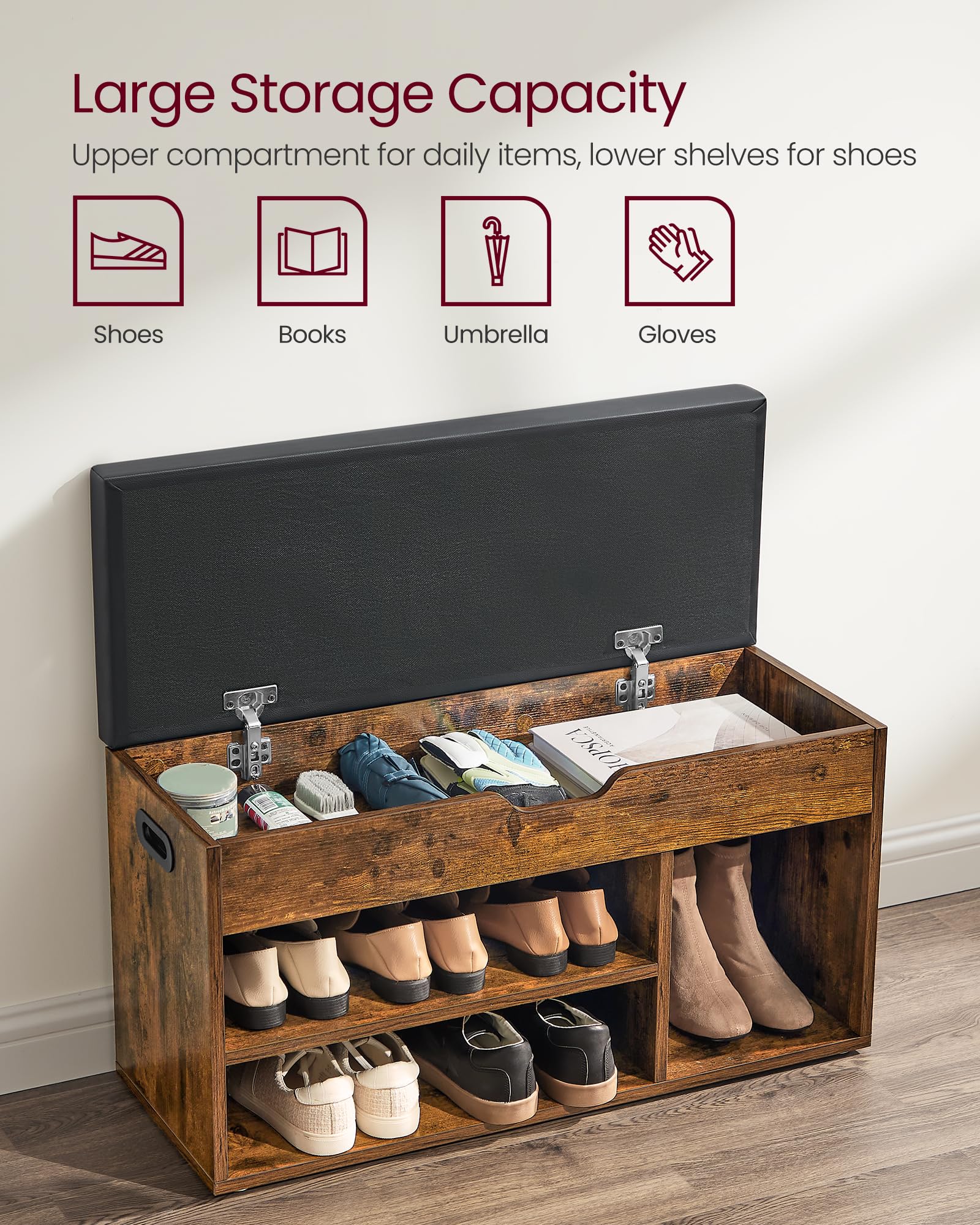 VASAGLE Shoe Storage Bench with Padded Seat | 3 Compartments | 150 kg Load Capacity | Rustic Brown 5