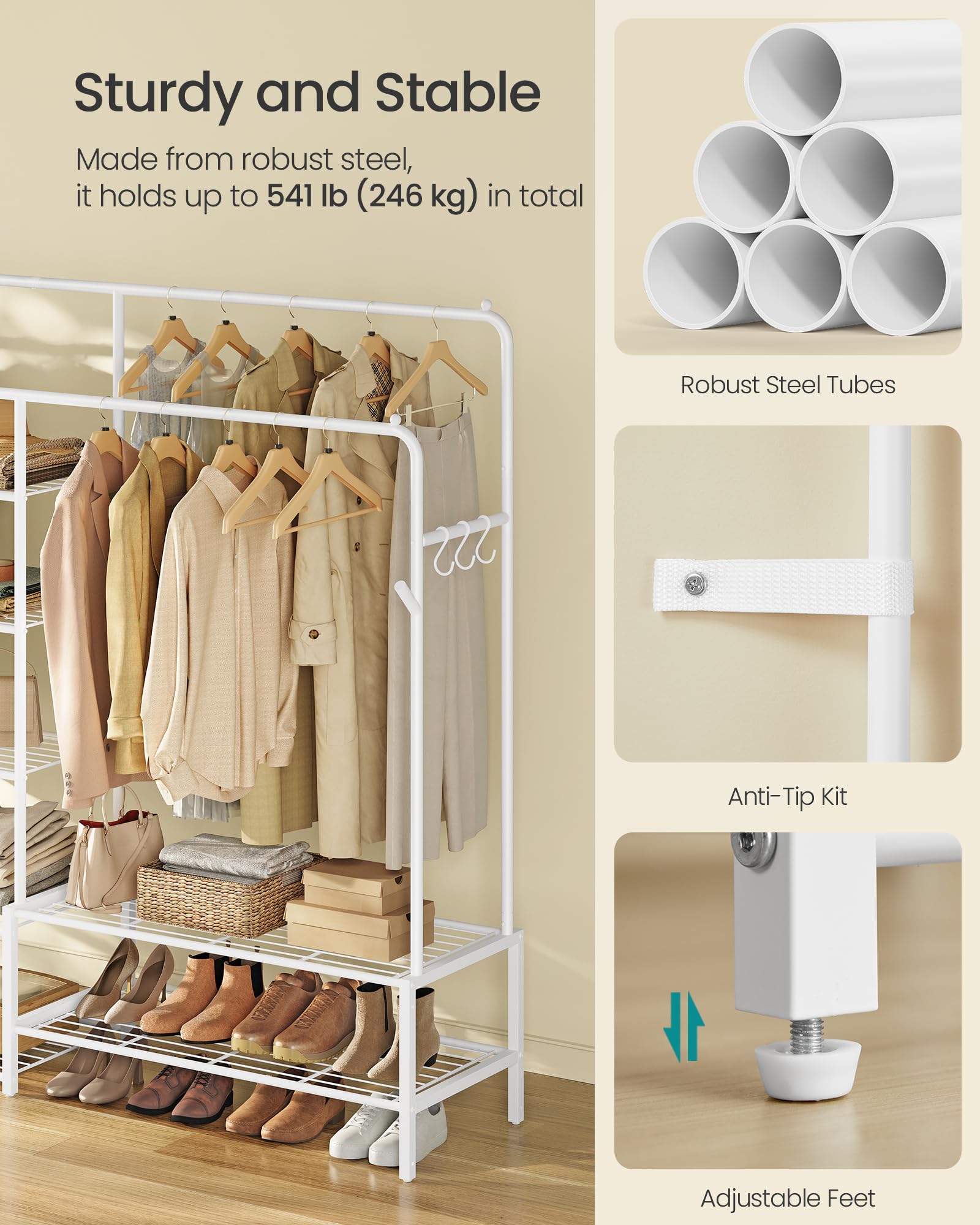 SONGMICS Open Wardrobe Clothes Rack - 4 Rails, 9 Shelves, 2 Hooks | White Alloy Steel 4