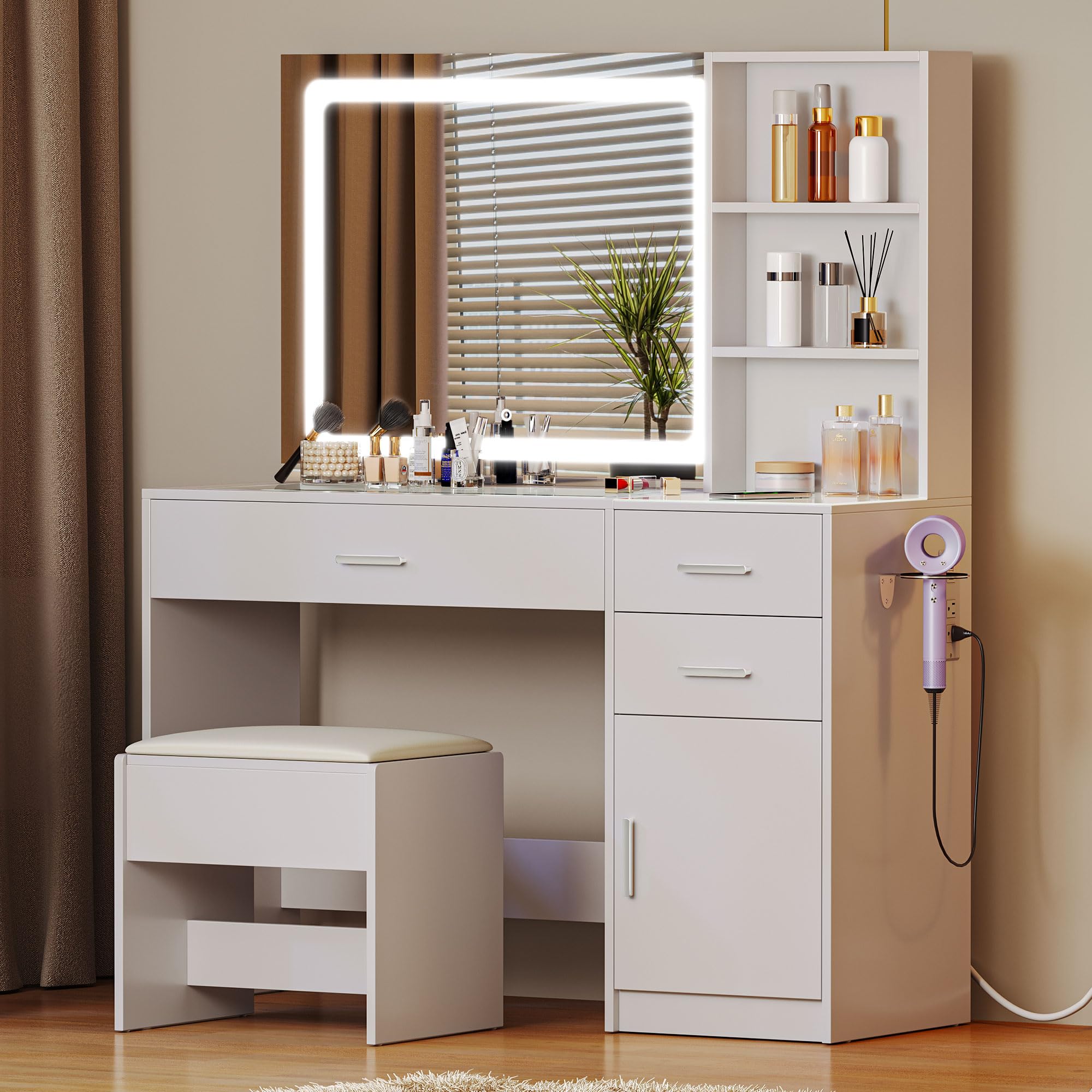 YITAHOME Dressing Table with Glass Top, LED Light, 3 Drawers, and Storage Stool 1