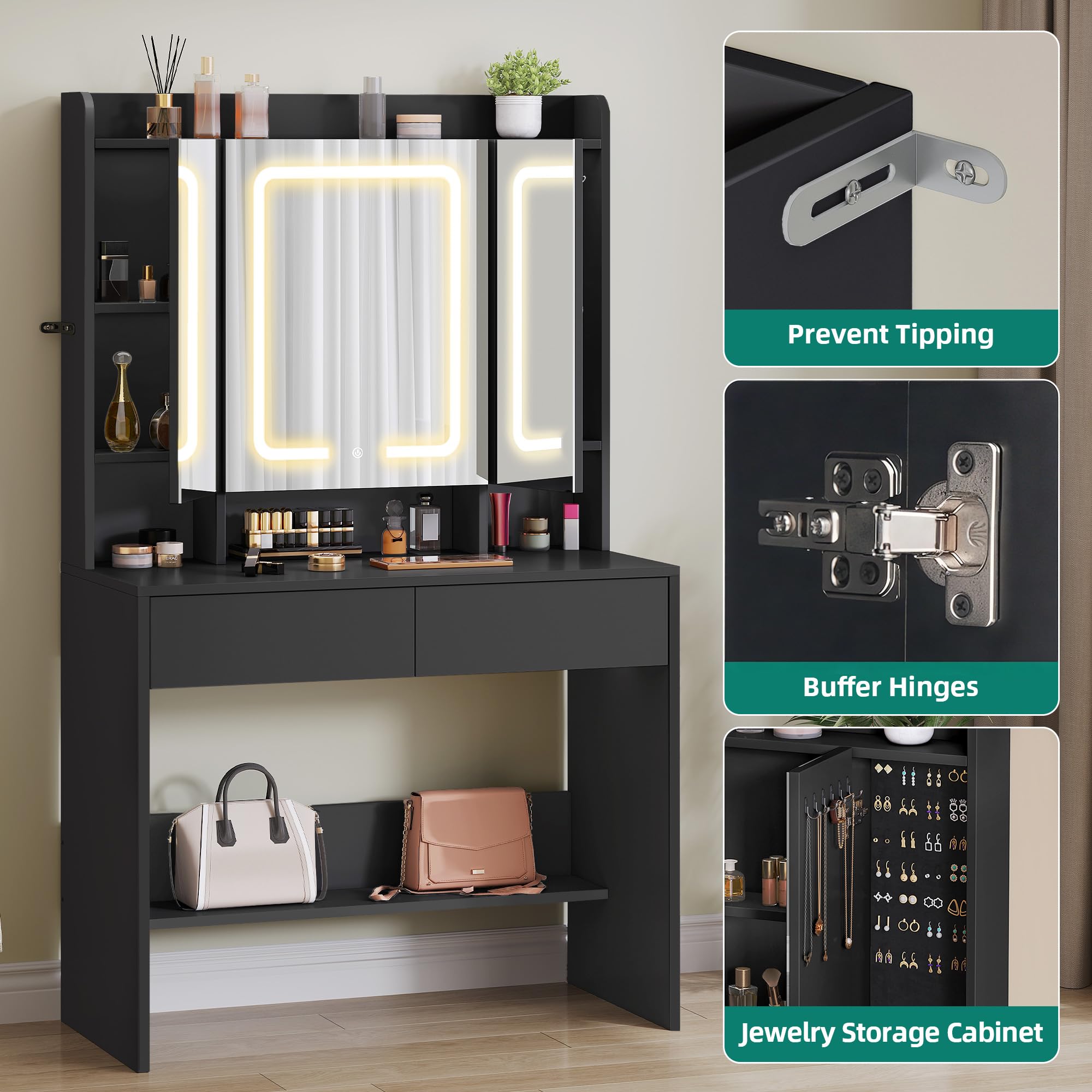 YITAHOME Dressing Table with 3 Mirrors & LED Lights | Black Finish | 90 x 145 x 40 cm 8
