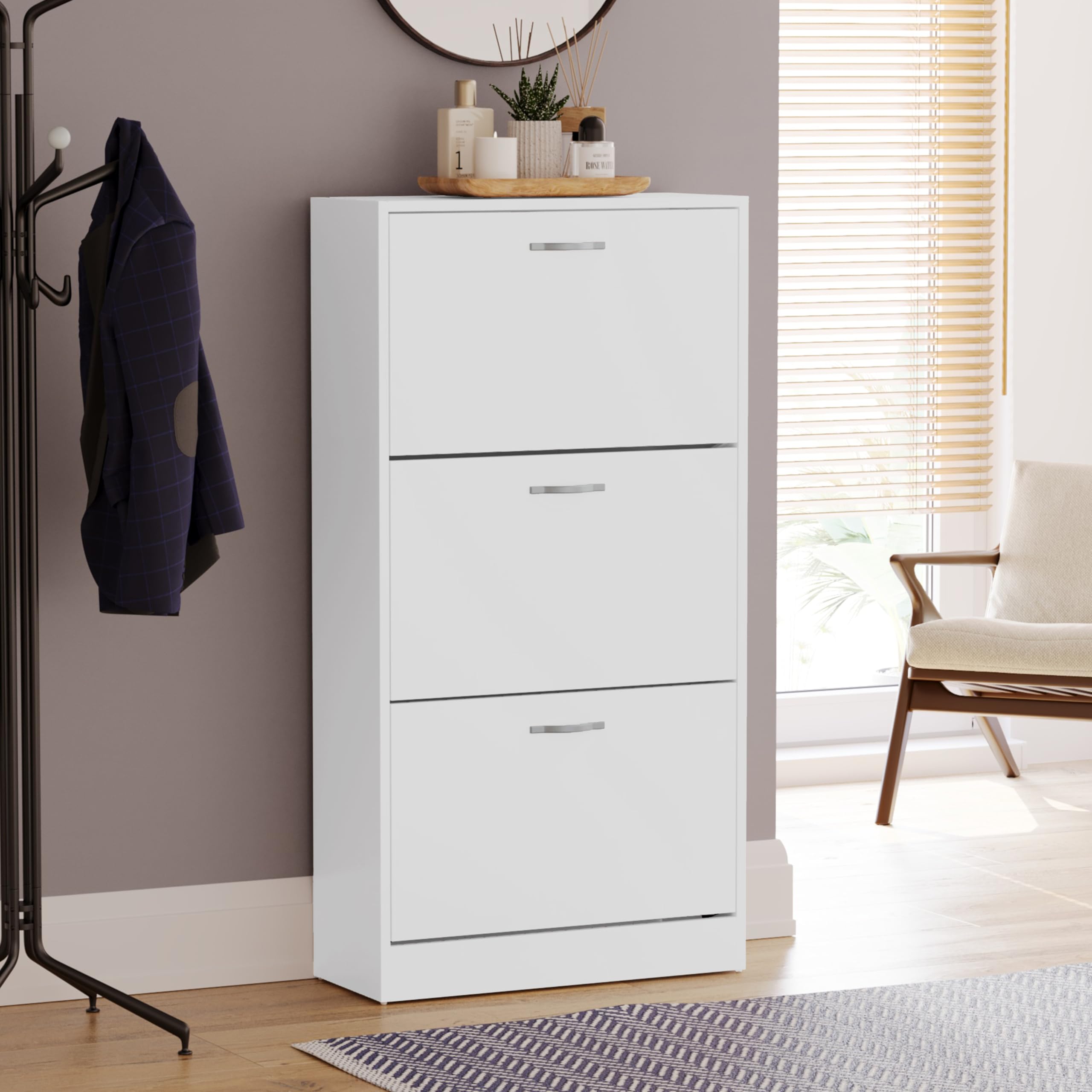 Vida Designs Wooden Shoe Cabinet - 3 Pull-Down Drawers | Slim Entryway Storage | White 2