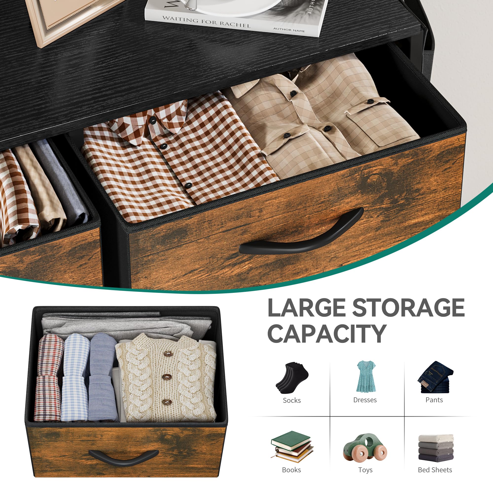 YITAHOME 8-Drawer Fabric Chest of Drawers with Metal Frame | Rotten Wood Grain | 86 x 30 x 98 cm 6