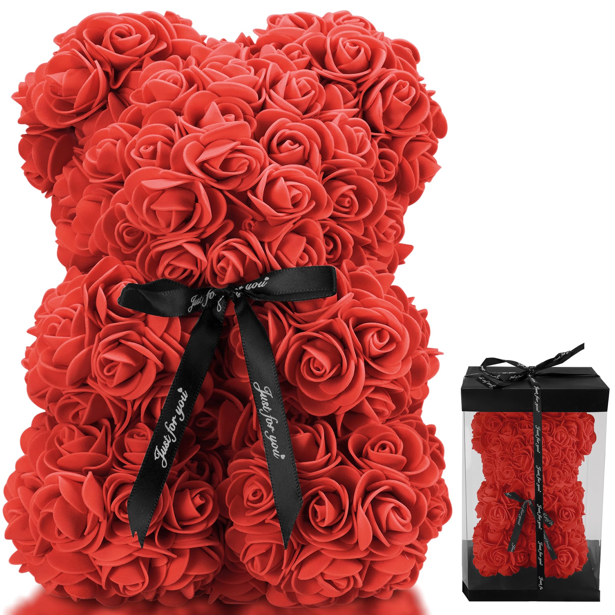 TANNESS 25cm Rose Bear with Transparent Gift Box & Black Ribbon | Artificial Flowers | Red 1