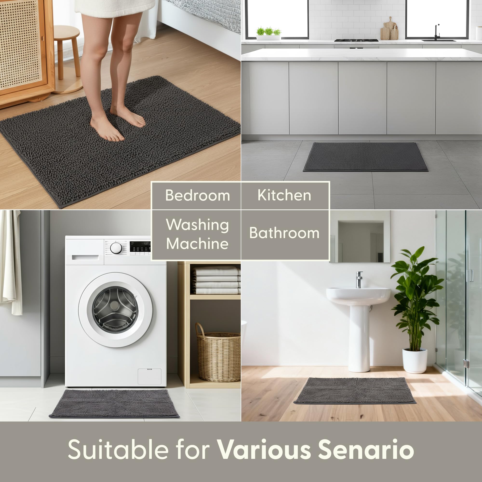 KEPLIN Non-Slip Microfibre Bath Mat - Soft Chenille, Quick-Dry, Grey | 50 x 80 cm 8