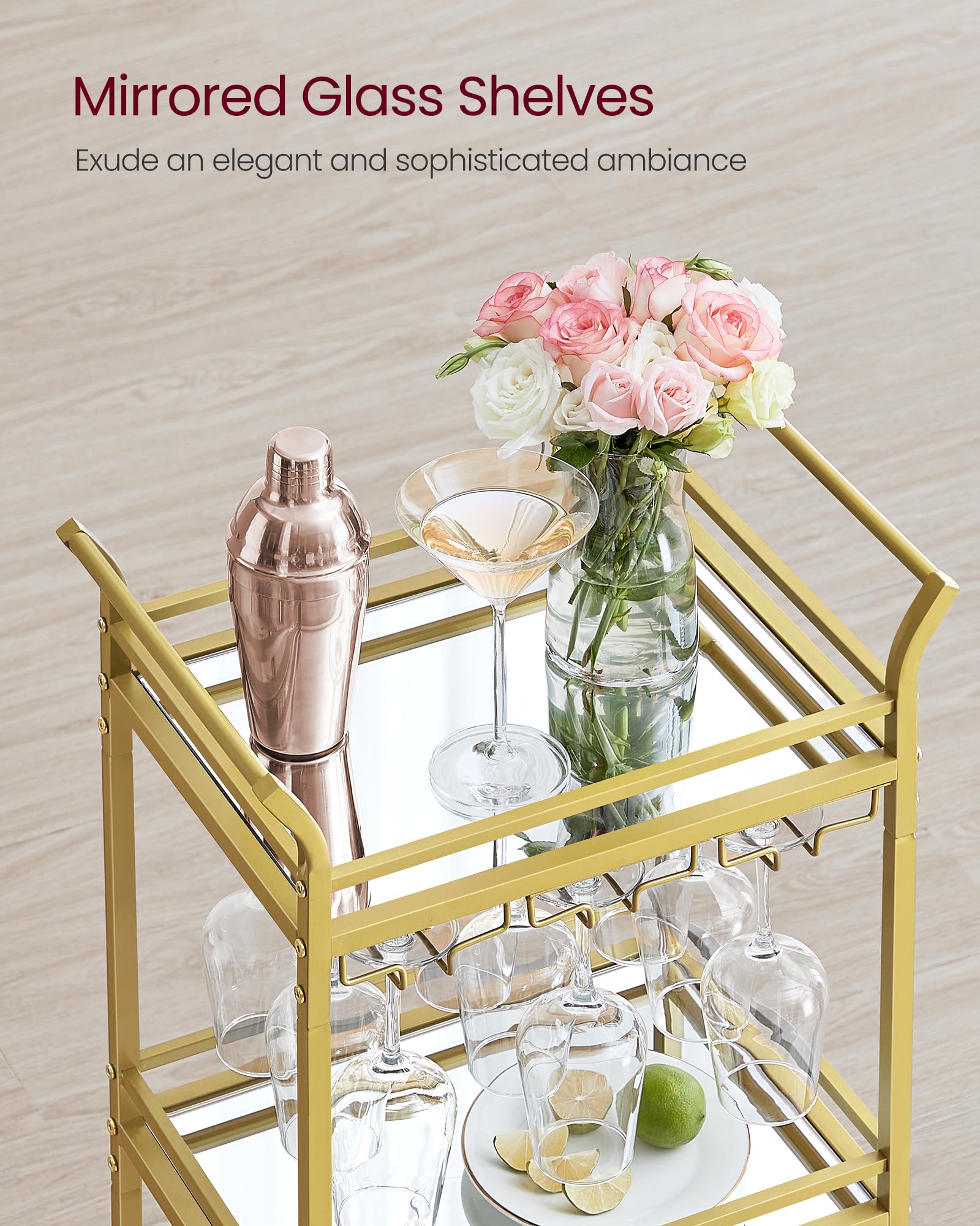 VASAGLE 3-Tier Drinks Trolley - Gold Bar Cart with Mirrored Glass Shelves | 30x46.8x92 cm 4
