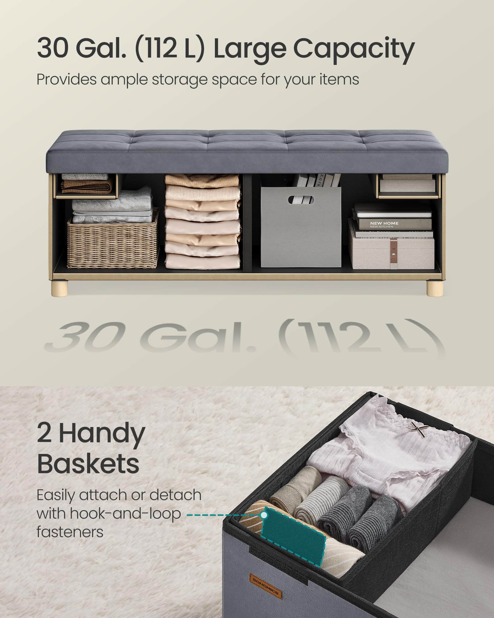 SONGMICS Storage Ottoman - 110cm Wide Bench | 112L Capacity | Slate Grey Velvet 6