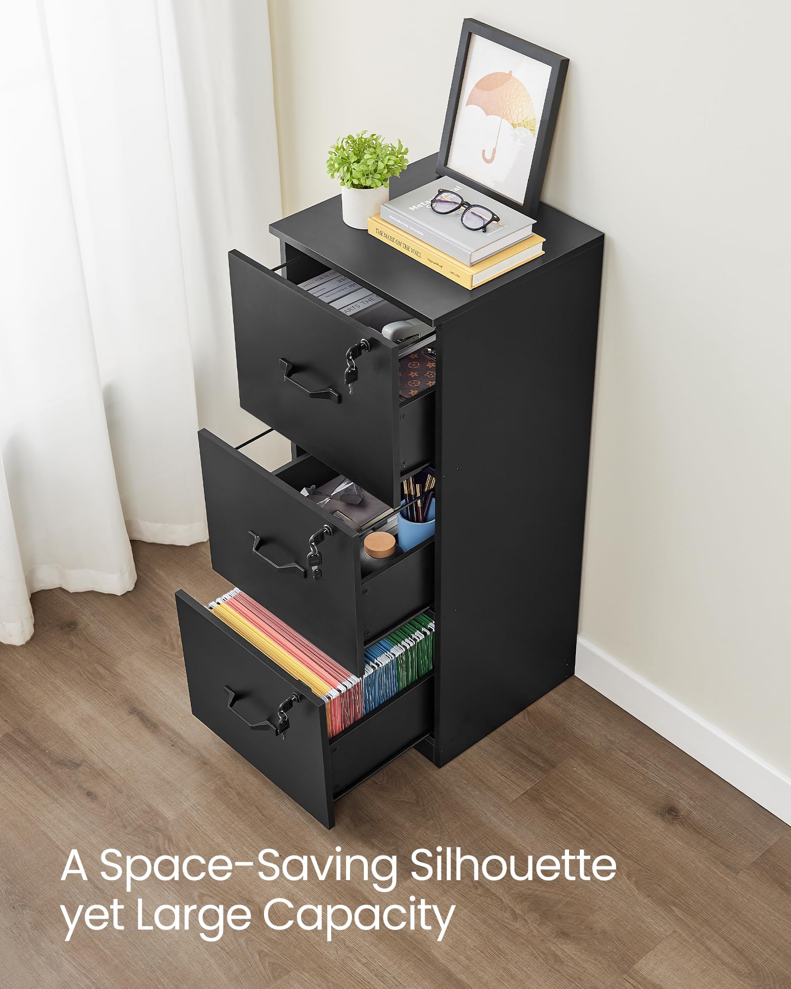 VASAGLE Vertical File Cabinet - 3 Lockable Drawers, Adjustable Rails for A4/Letter Files | Ink Black 4