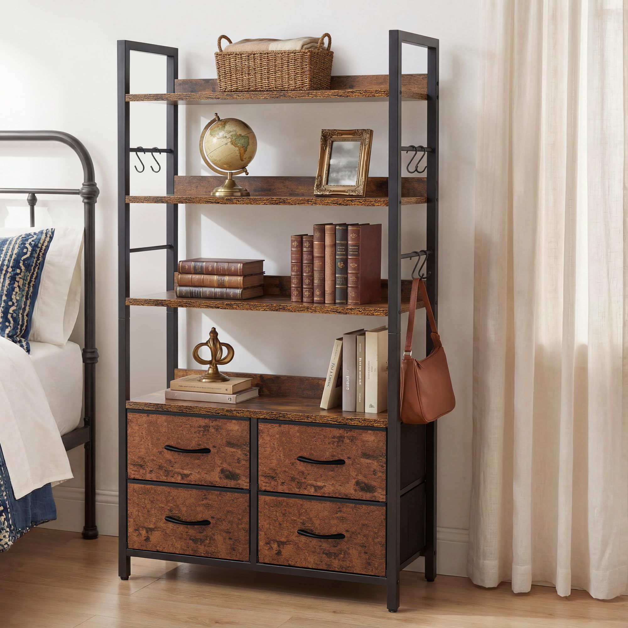 YITAHOME Industrial Bookshelf - 4-Tier with Adjustable Shelves & Drawers | Rustic Brown 7