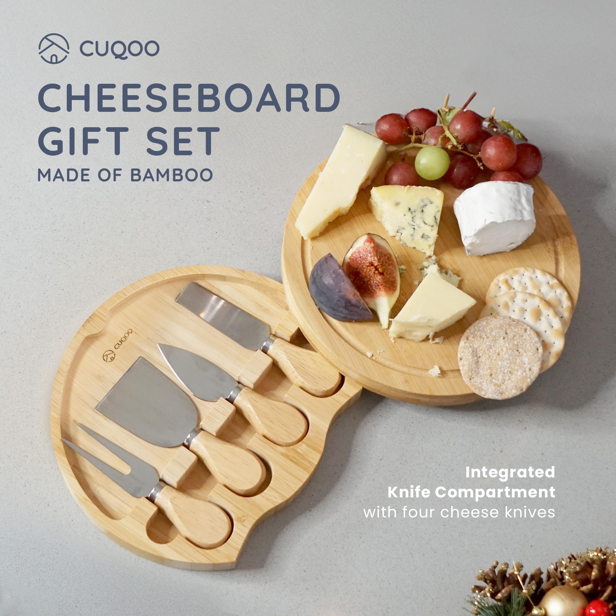 CUQOO Bamboo Cheese Board Set with 3 Knives & Fork | Hidden Drawer | 21cm Round 2