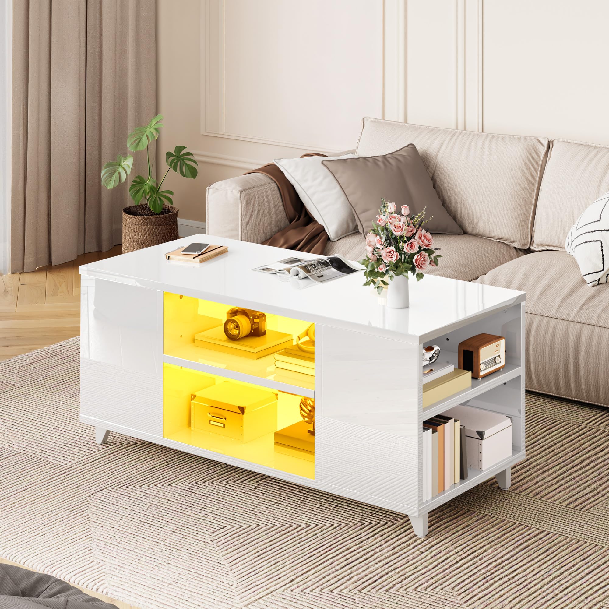 YITAHOME Modern Coffee Table with RGB Lighting | High Gloss White Finish | 97.5 x 48 cm 7