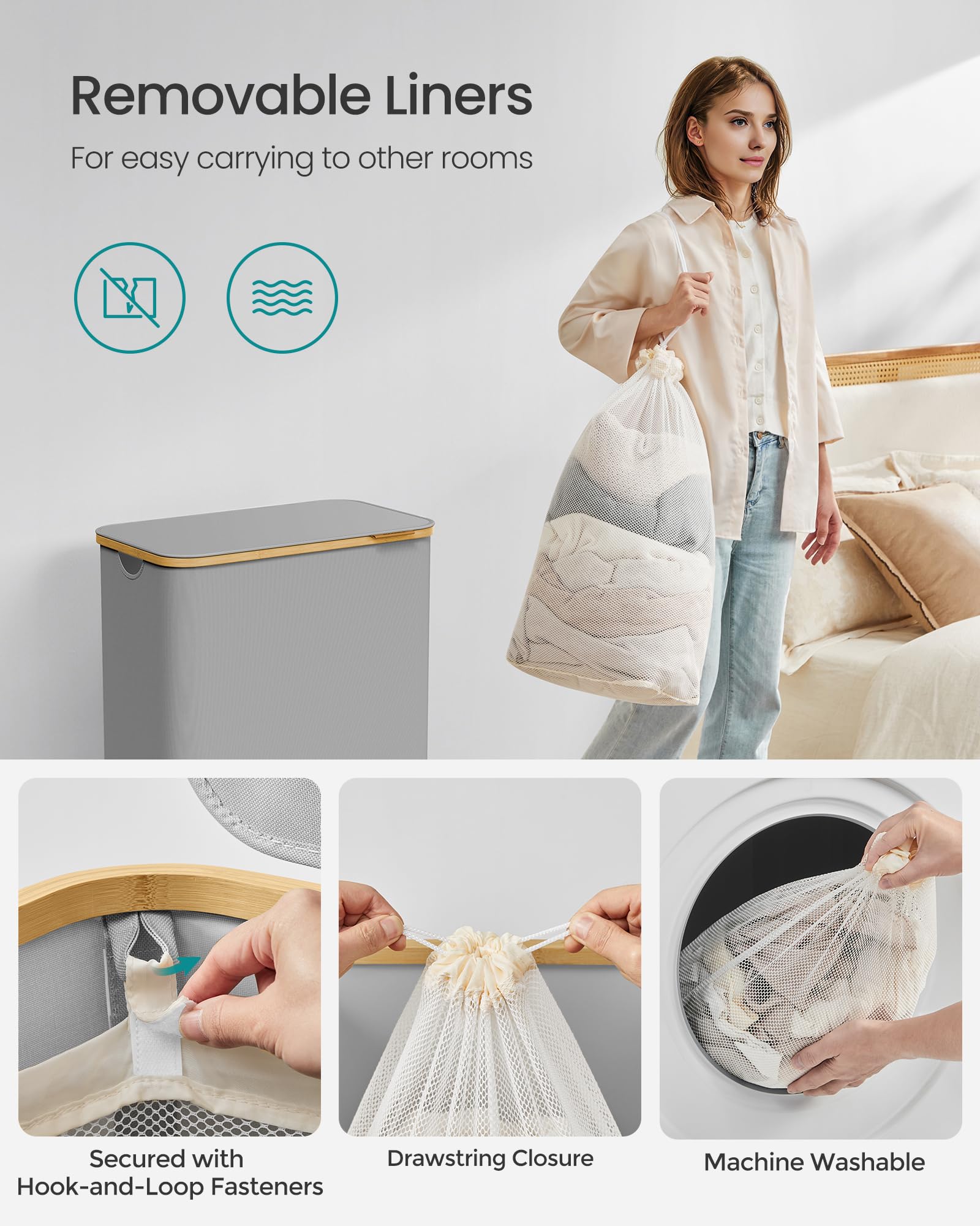 SONGMICS 2-Section Laundry Basket - 130L Capacity, Collapsible, Dove Grey | Oxford Fabric 5
