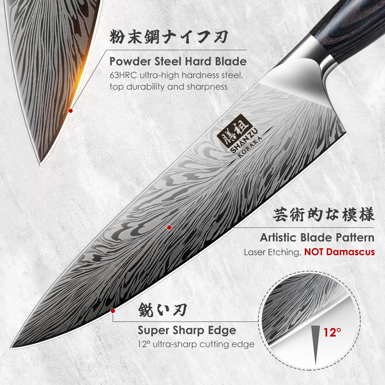 SHAN ZU 3 Piece Kitchen Knife Set - High Carbon Powder Steel, 63 HRC Hardness, 12° Blade Angle 3