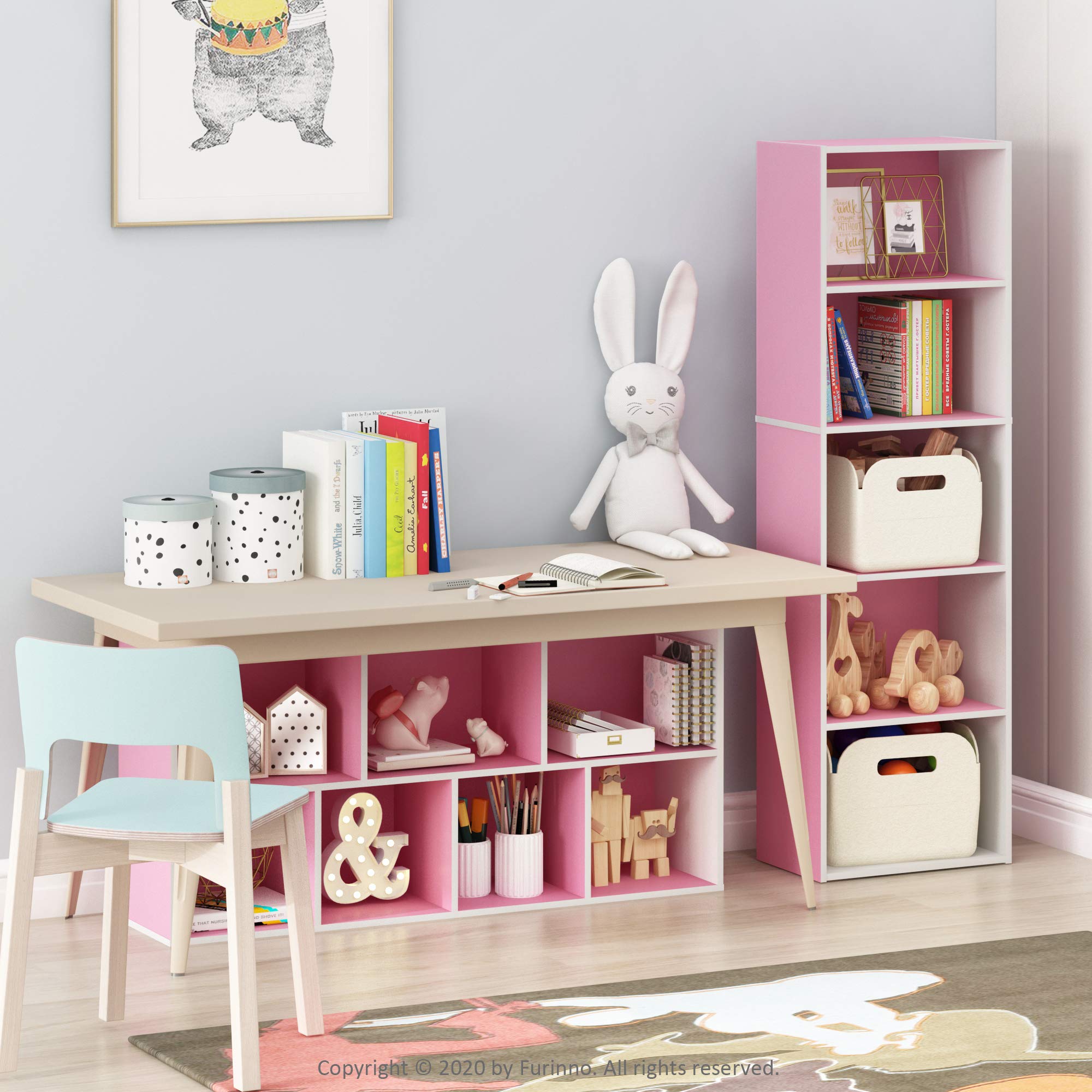 Furinno LUDER 7-Cube Book Shelf - Functional Storage | Engineered Wood | White/Pink 5