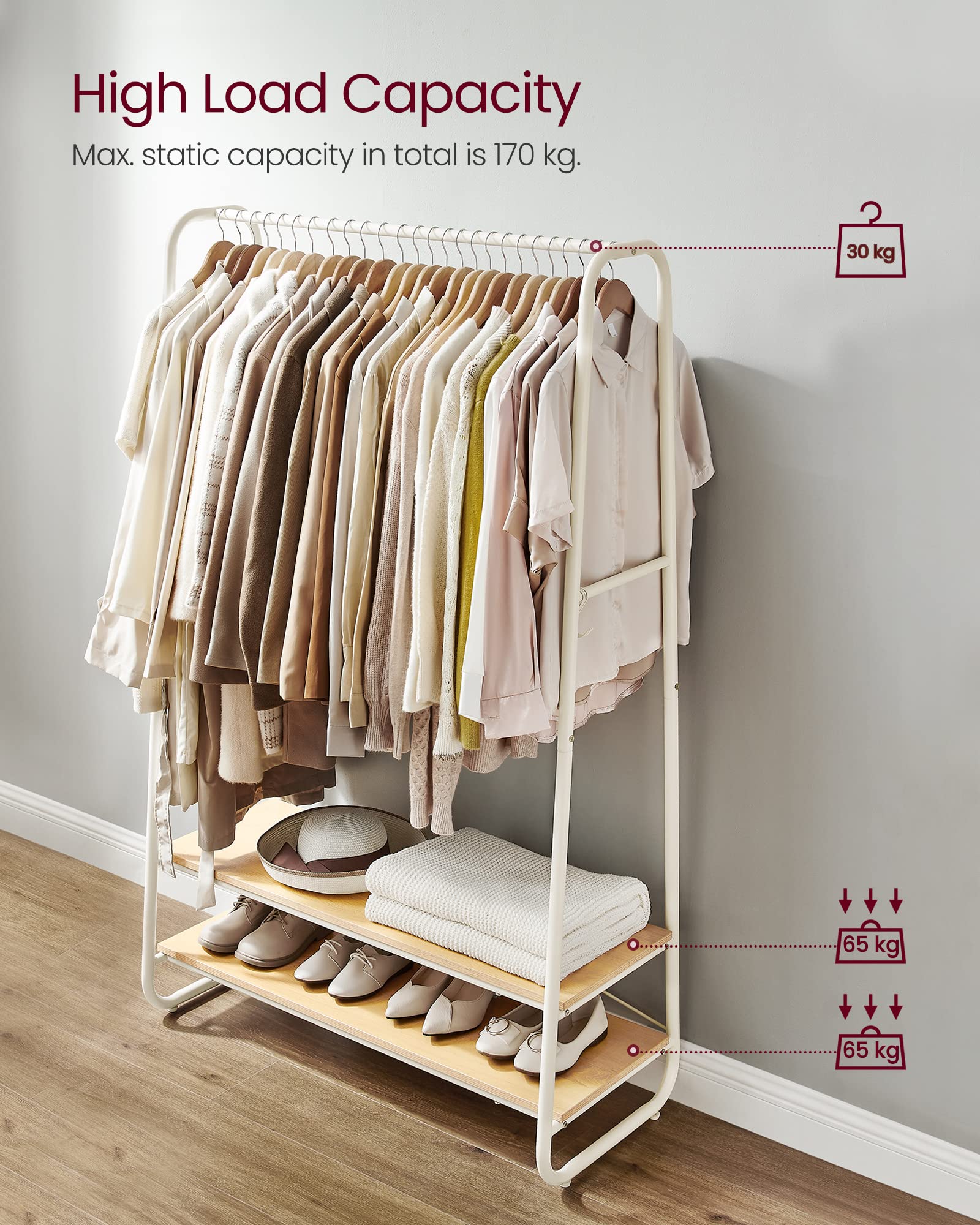 VASAGLE Clothes Rail with 2 Shelves and 6 S-Hooks | Oak + Cream White | 45 x 100 x 160 cm 5