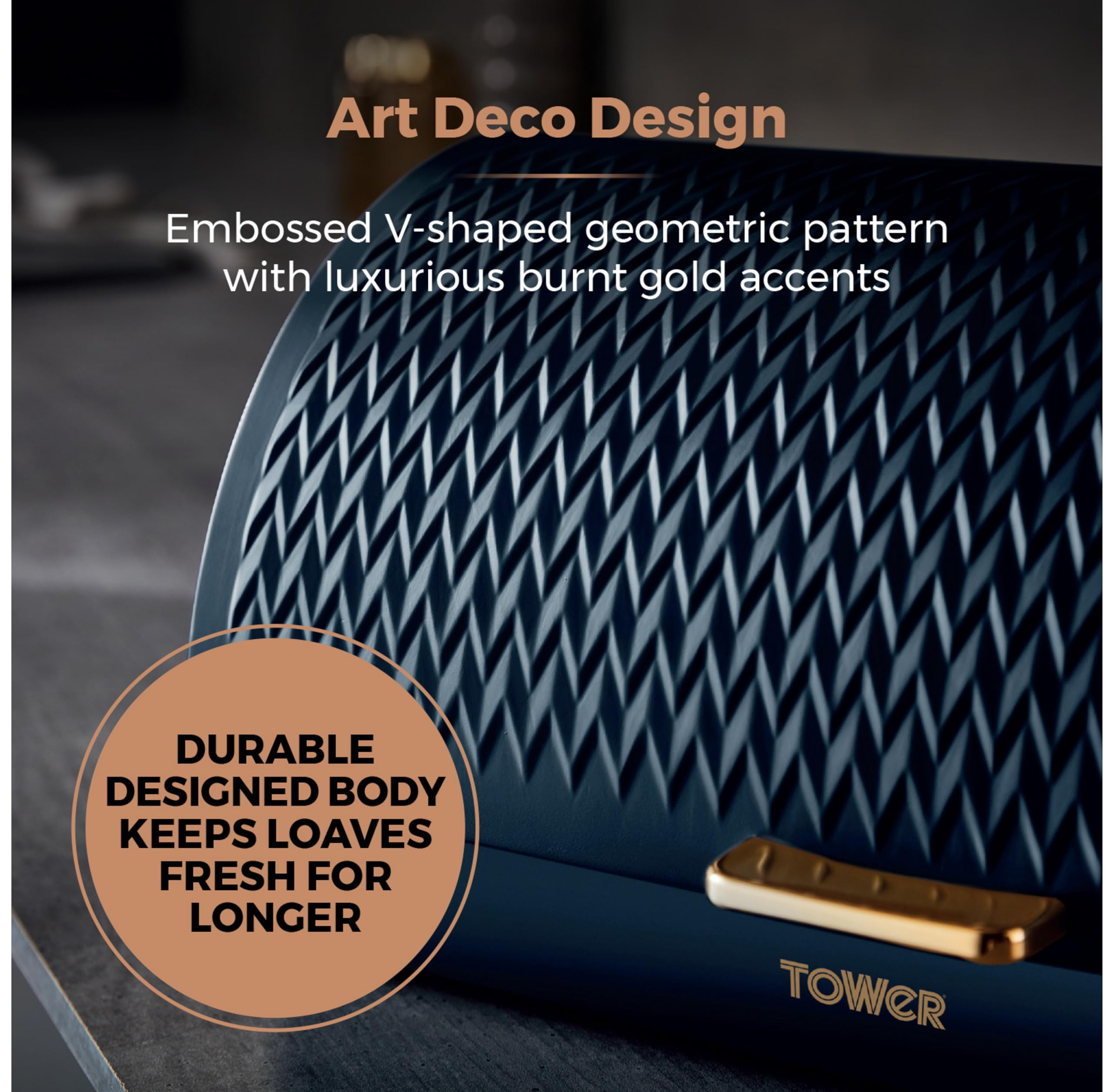 Tower Empire Roll Top Bread Bin - Art Deco Design | Stainless Steel | Midnight Blue & Brass 4