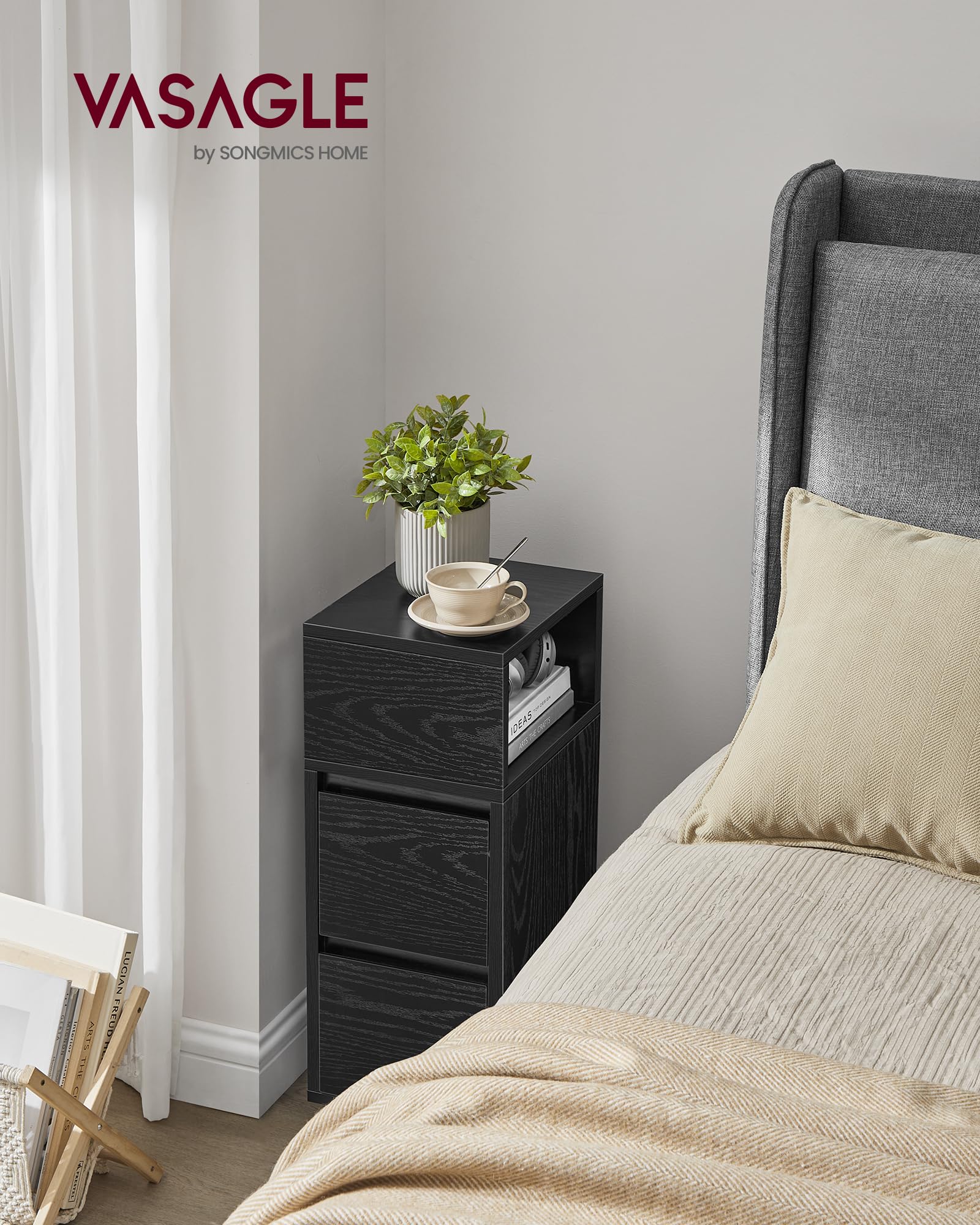 VASAGLE KAILYN Slim Bedside Table - Ebony Black | 30x25x65 cm | 2 Drawers 2