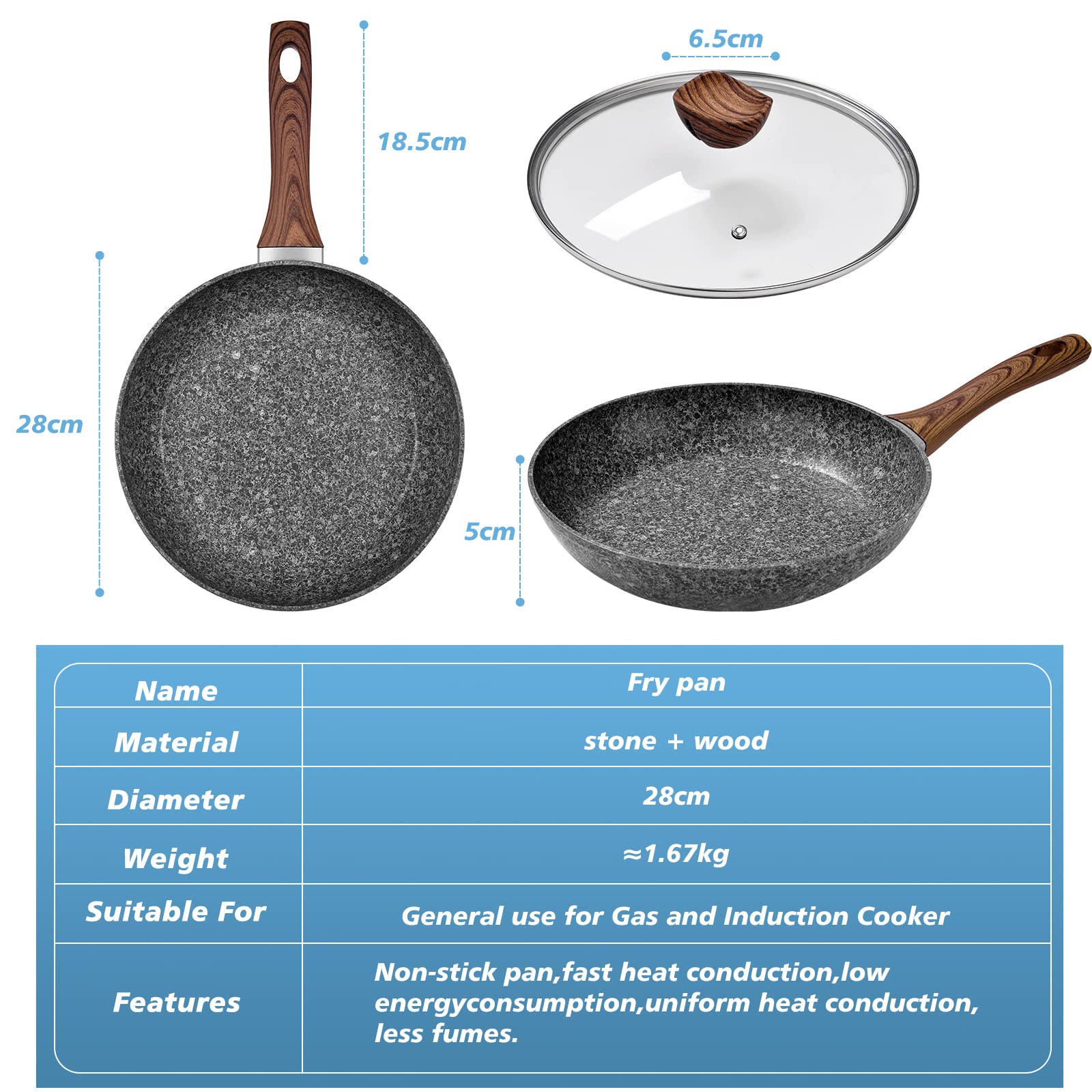 Rainberg 28CM Granite Nonstick Frying Pan with Lid | Induction Compatible Aluminium Alloy 2