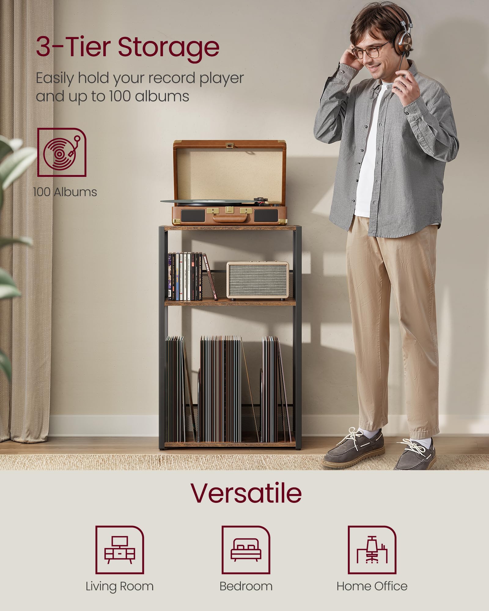 VASAGLE Record Player Stand - 3-Tier Side Table for Vinyl Storage | Rustic Brown | 30x43x69 cm 3