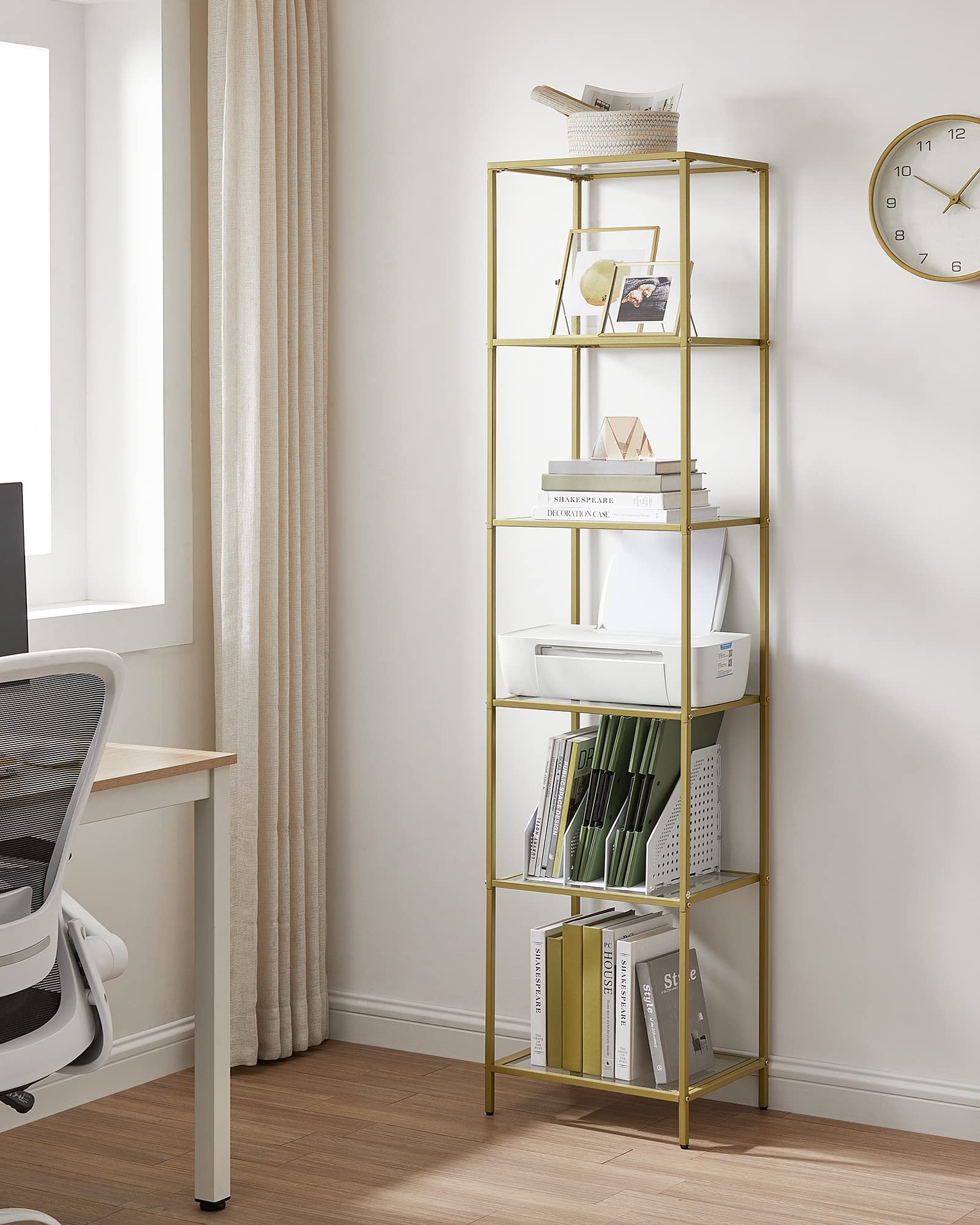 VASAGLE 6-Tier Glass Shelf Bookcase - Thin Steel Frame, Gold Finish | 30x40cm Footprint | 10kg/Shelf Capacity 2