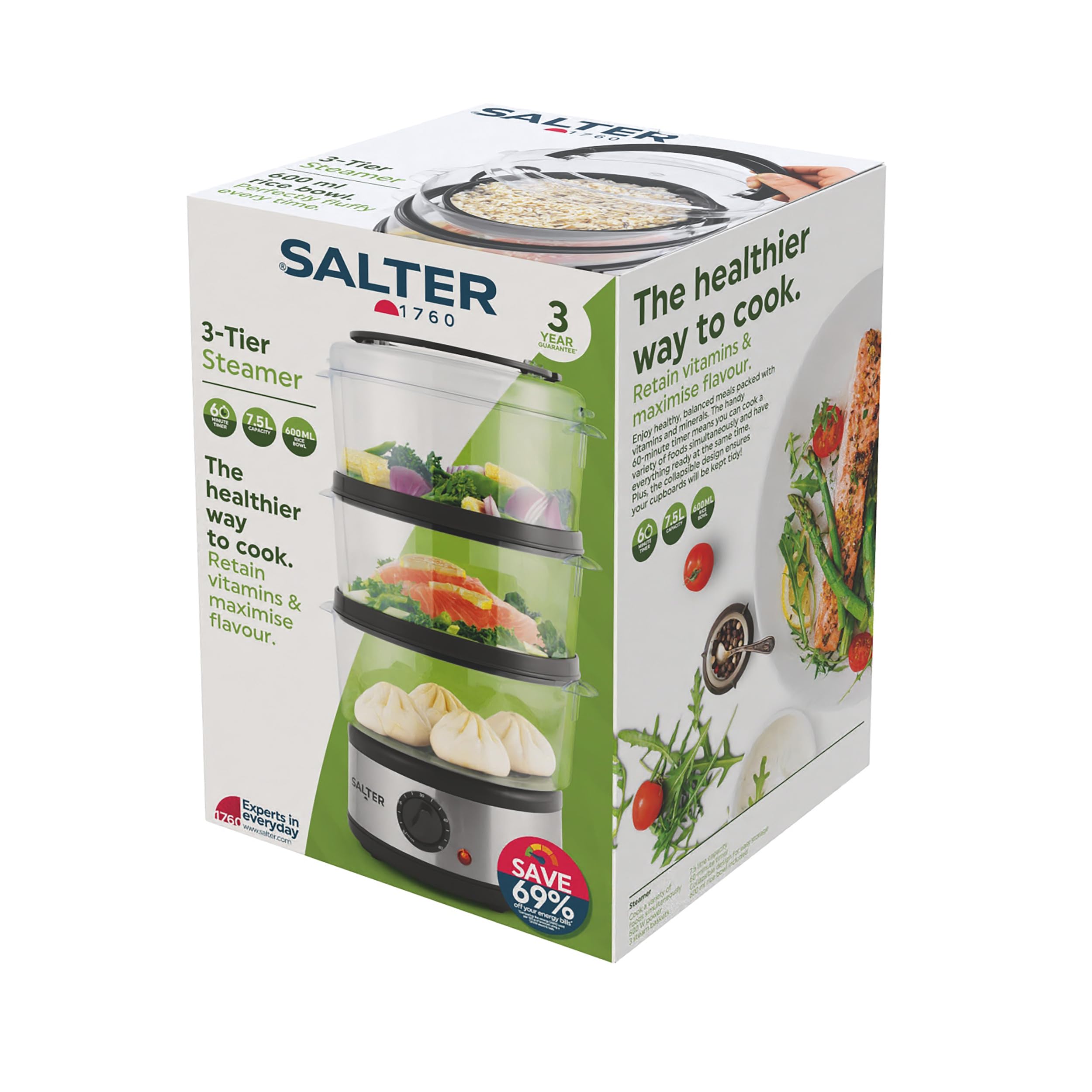 Salter Electric Food Steamer - 7.5L Capacity, 3-Tier Stackable Baskets | 500W | Stainless Steel 3
