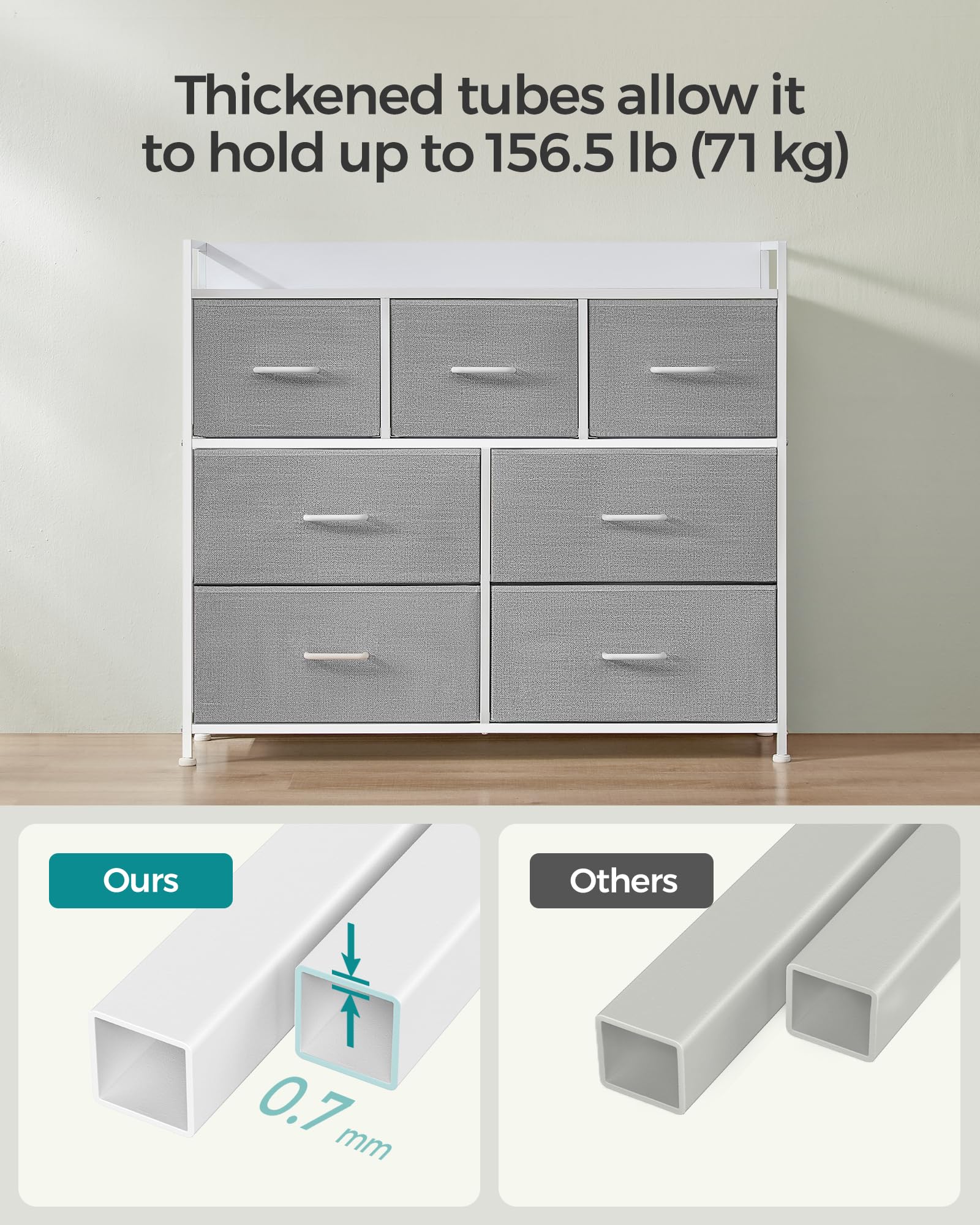 SONGMICS Chest of Drawers - 7 Fabric Drawers | Metal Frame | Dove Grey & Cloud White | 98W x 85H cm 6