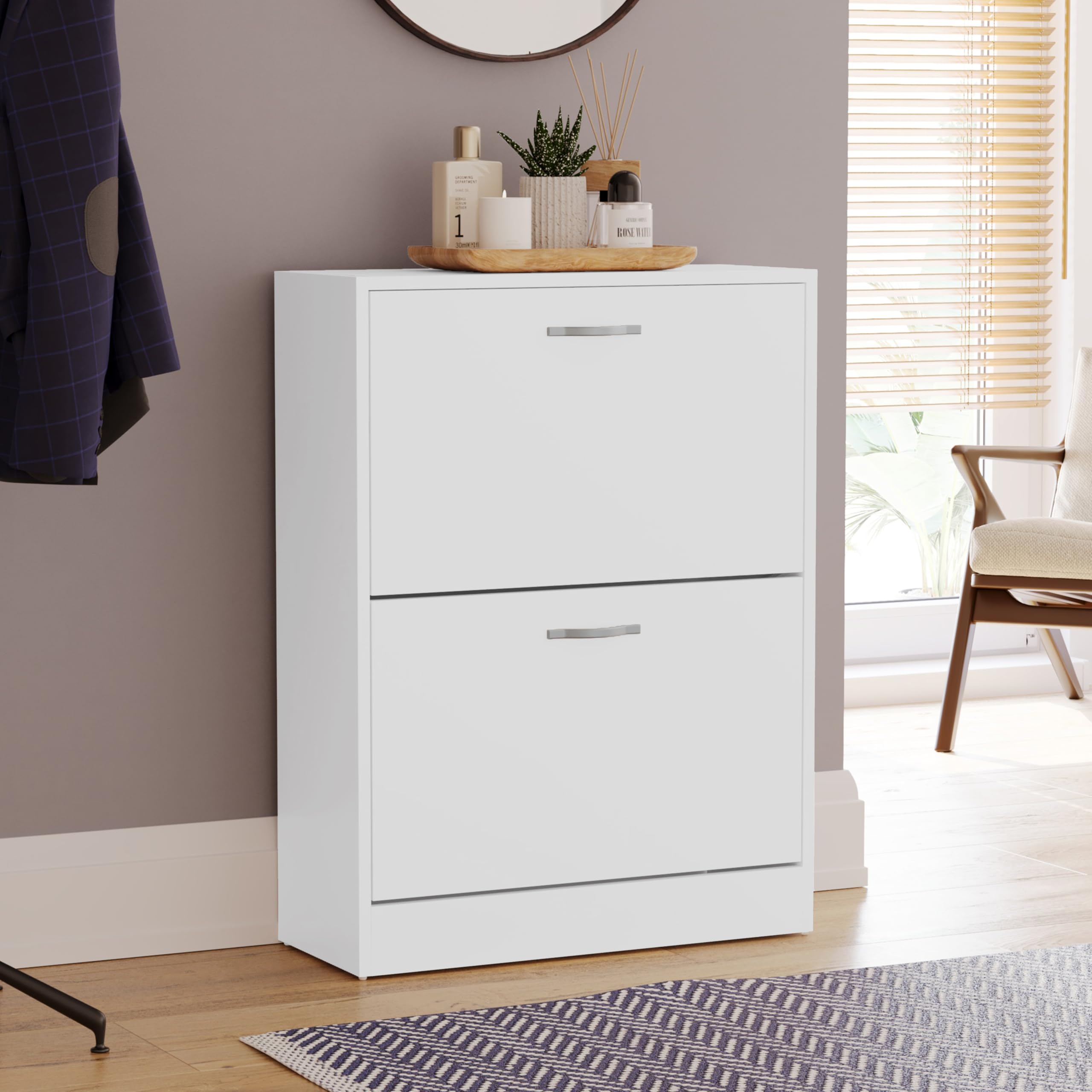 Vida Designs Wooden Shoe Cabinet - 2 Pull-Down Drawers | Slim, Space-Saving Entryway Storage | White 4