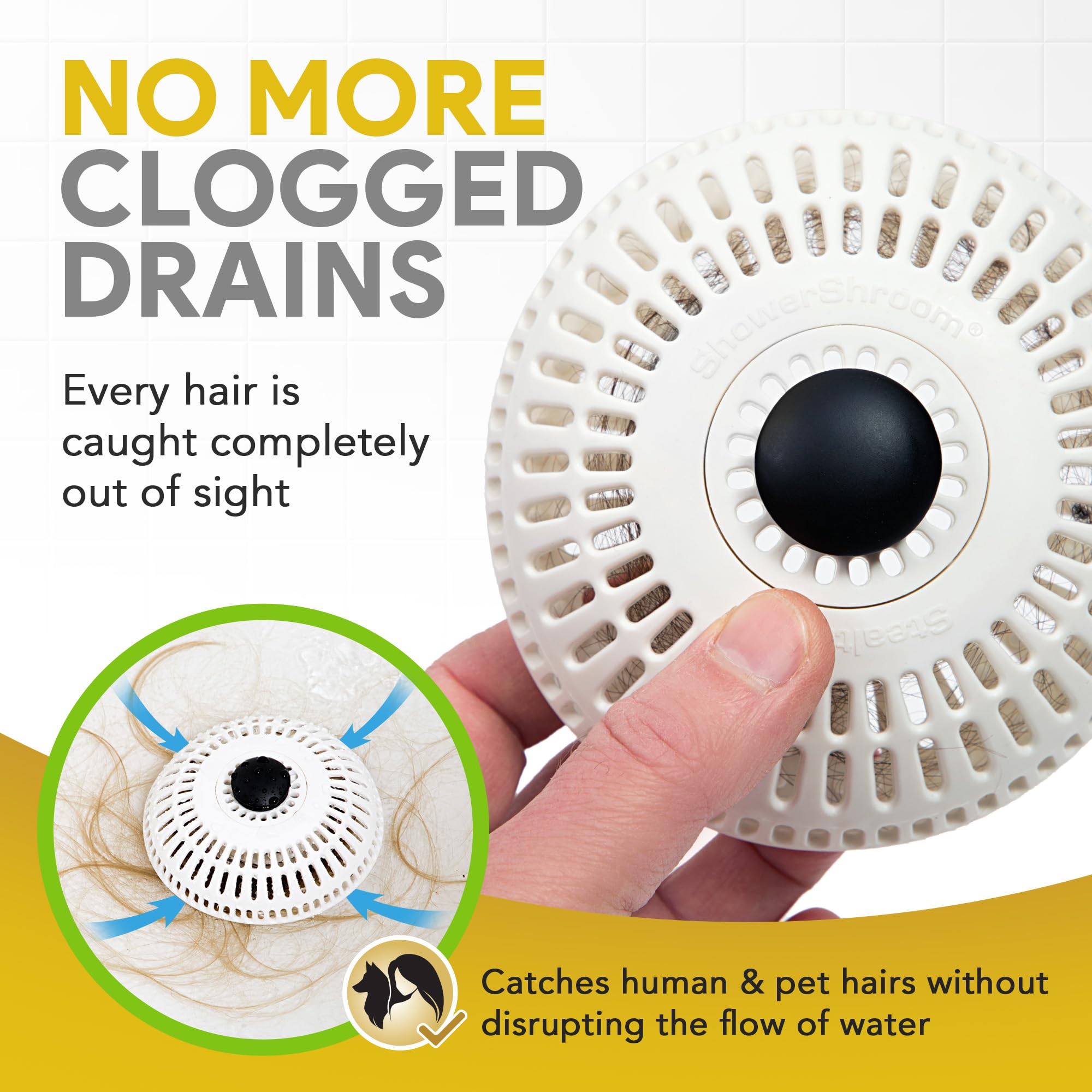 ShowerShroom Stealth Hair Drain Catcher - Catches Hair Out of Sight | Silicone | White 3