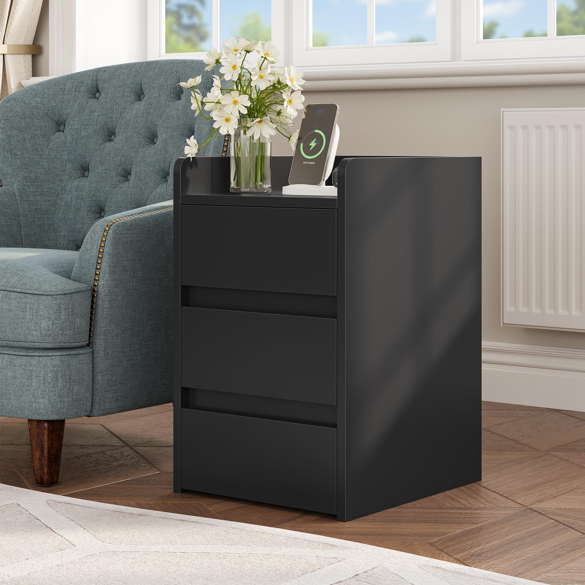 YITAHOME Bedside Table with 3 Drawers and Power Station | Black Engineered Wood | 35 x 40 x 59cm 7
