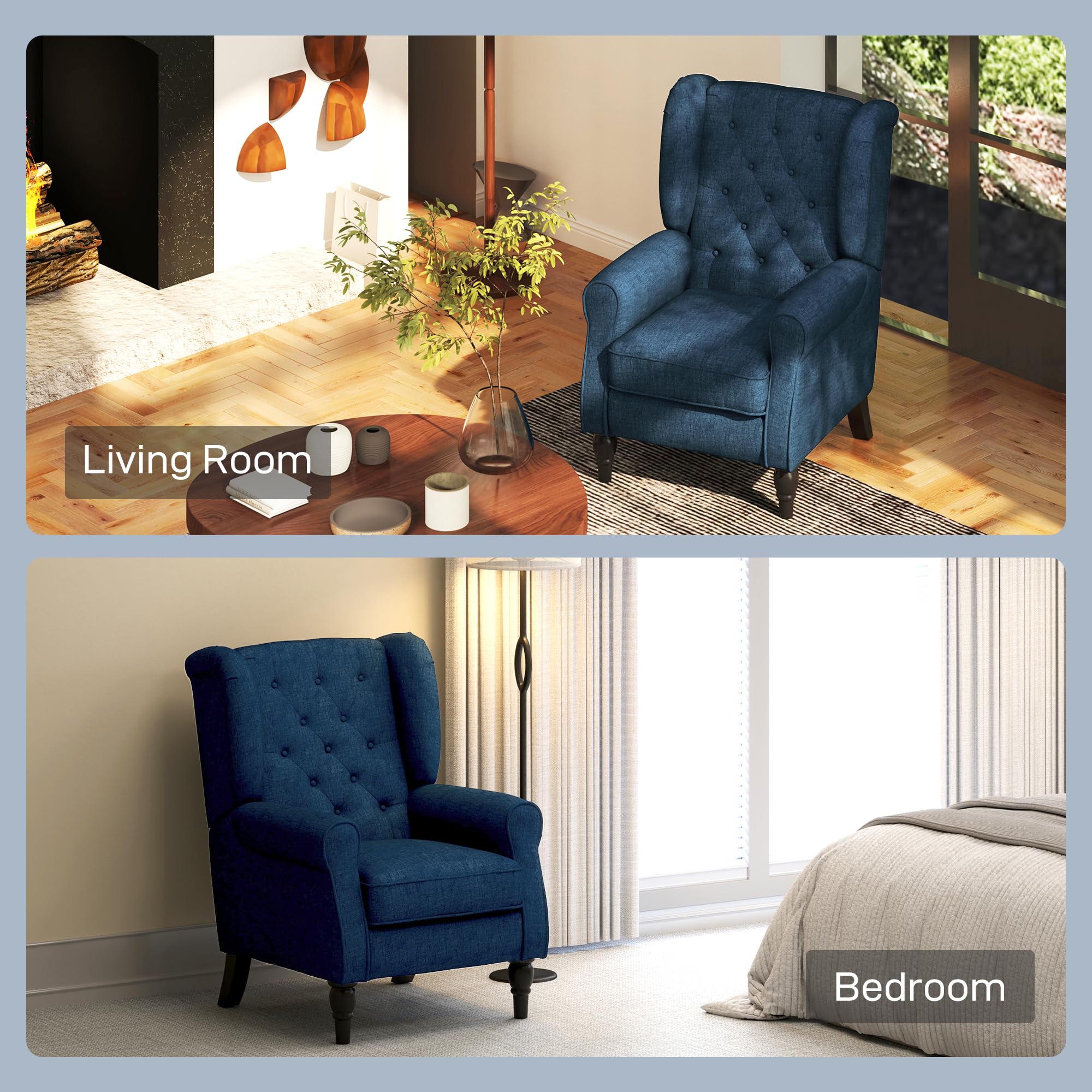 HOMCOM Retro Wingback Armchair - Snow Flannel, Button-Tufted, Blue | Supports 160kg 8