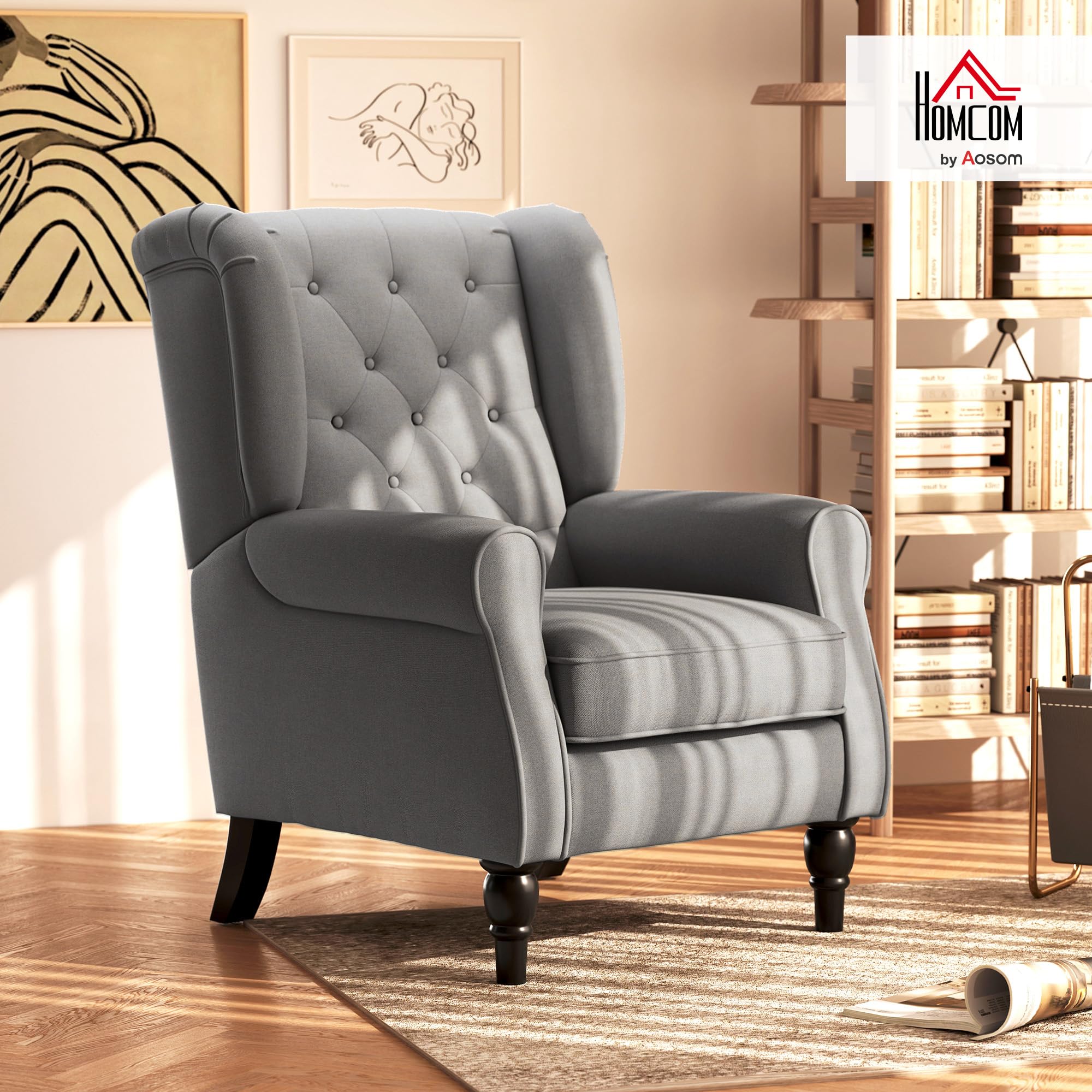 HOMCOM Retro Wingback Armchair - Snow Flannel, Button Tufted, Dark Grey | Supports 160kg 2