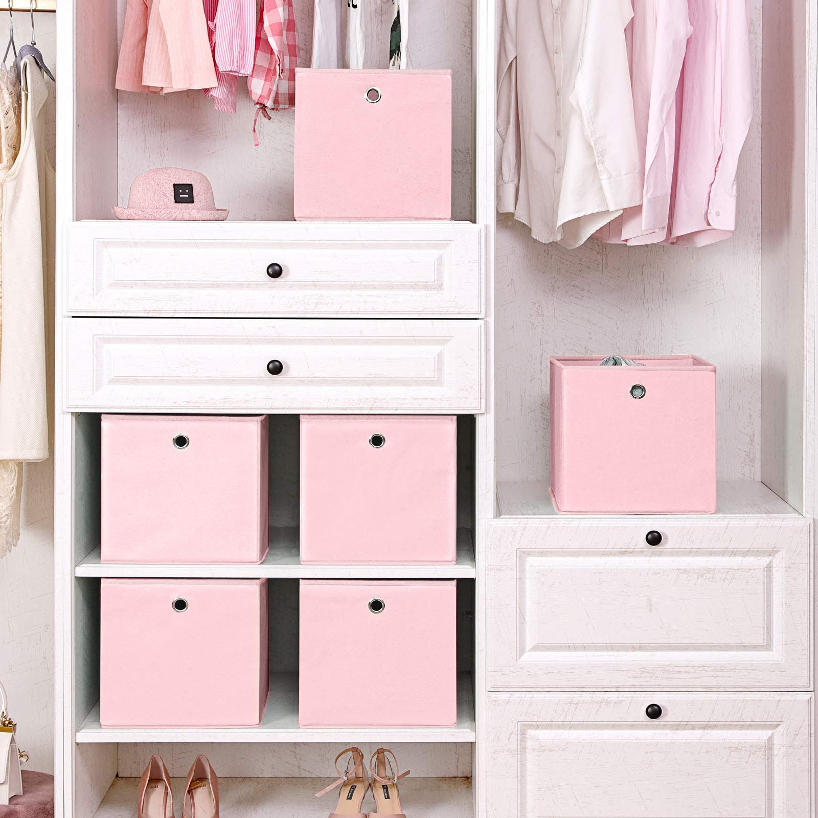 SONGMICS Set of 6 Foldable Storage Boxes - Pink Fabric Cubes for Clothes & Toys | 30 x 30 x 30 cm 6