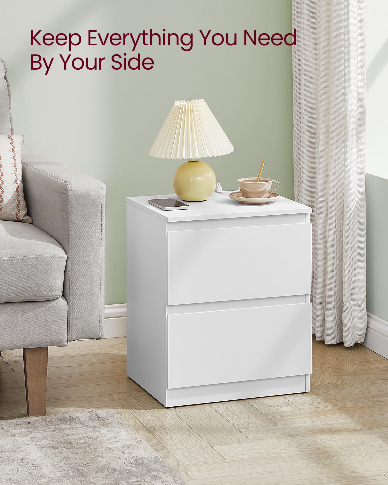 VASAGLE KAILYN Collection Nightstands with Charging Station - Set of 2, Cloud White 6
