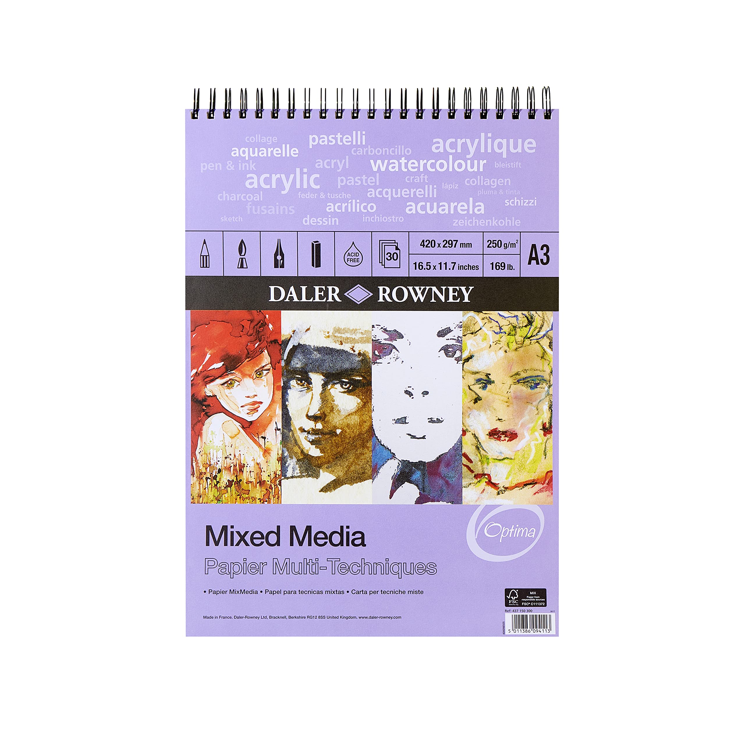 Daler Rowney Mixed Media Spiral Drawing Pad - A3, 250gsm, 30 Sheets 1
