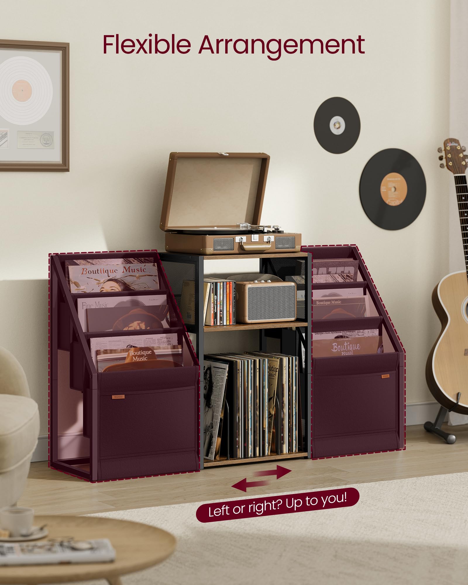 VASAGLE Record Player Stand - 3-Tier Storage for 140 Albums | Rustic Brown End Table 6