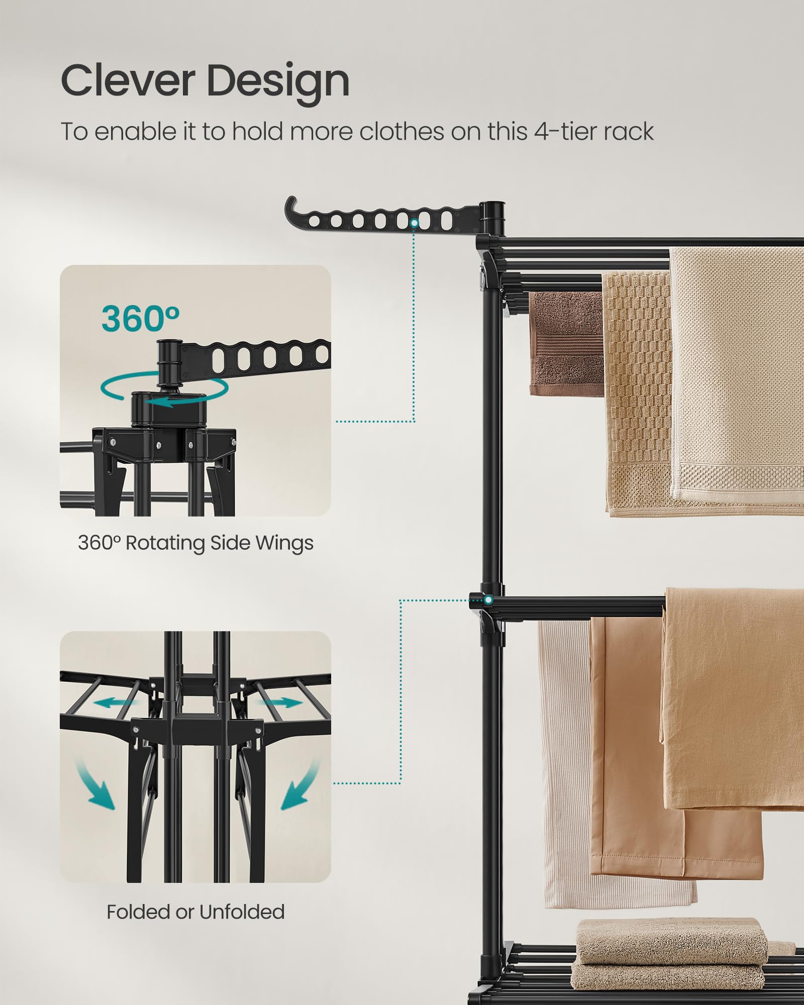 SONGMICS Large 4-Tier Foldable Clothes Drying Rack Horse | 41kg Capacity | Ink Black 5