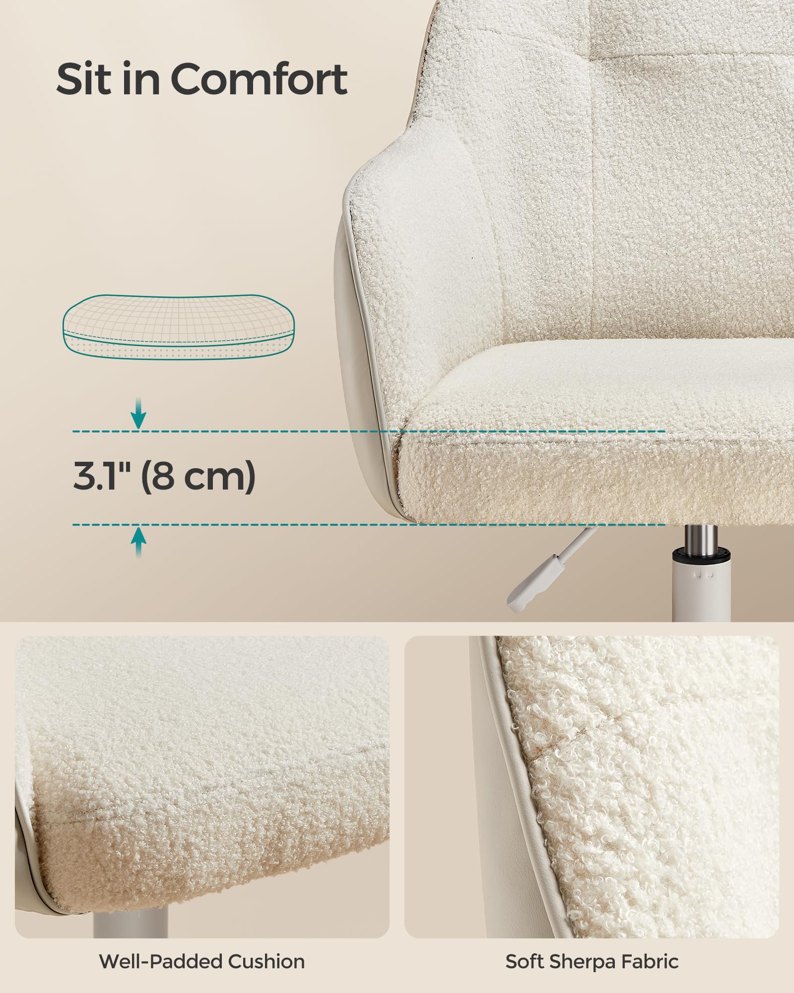 SONGMICS Swivel Desk Chair - Cappuccino Beige, Sherpa Fabric, Adjustable Height | Max Load 110 kg 6