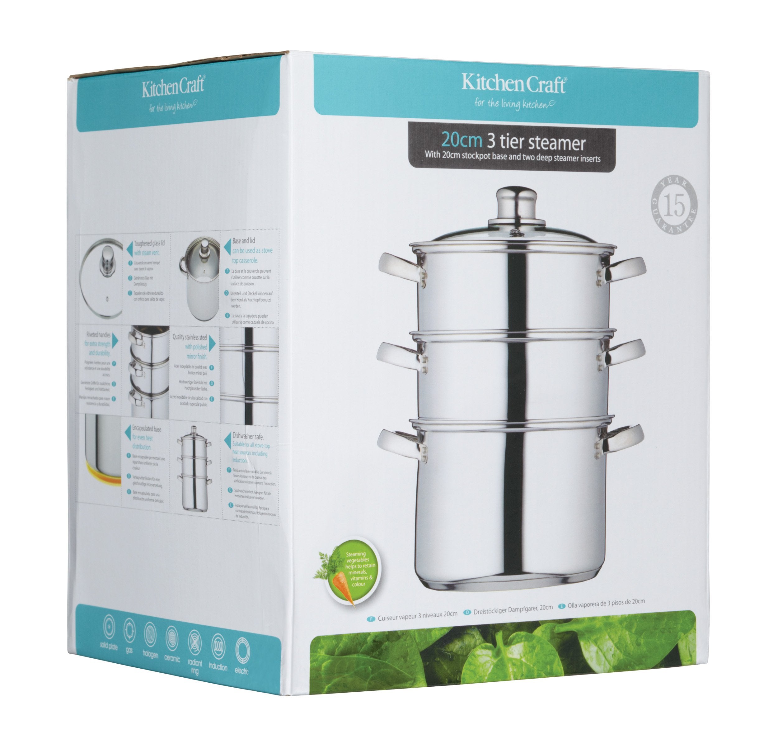 Kitchen Craft 3 Tier Stainless Steel Food Steamer Pan with Glass Lid | Induction Safe | 20 cm Diameter 6