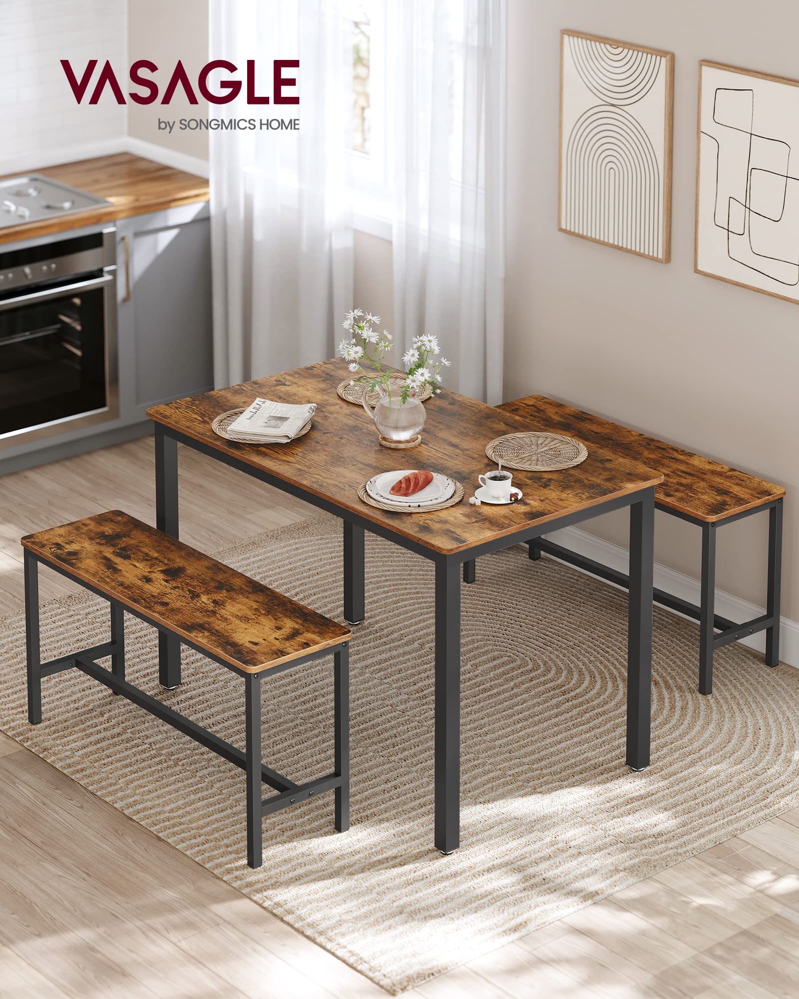 VASAGLE 3 Piece Dining Table Set with 2 Benches | Industrial Design | Rustic Brown & Black | KDT070B01