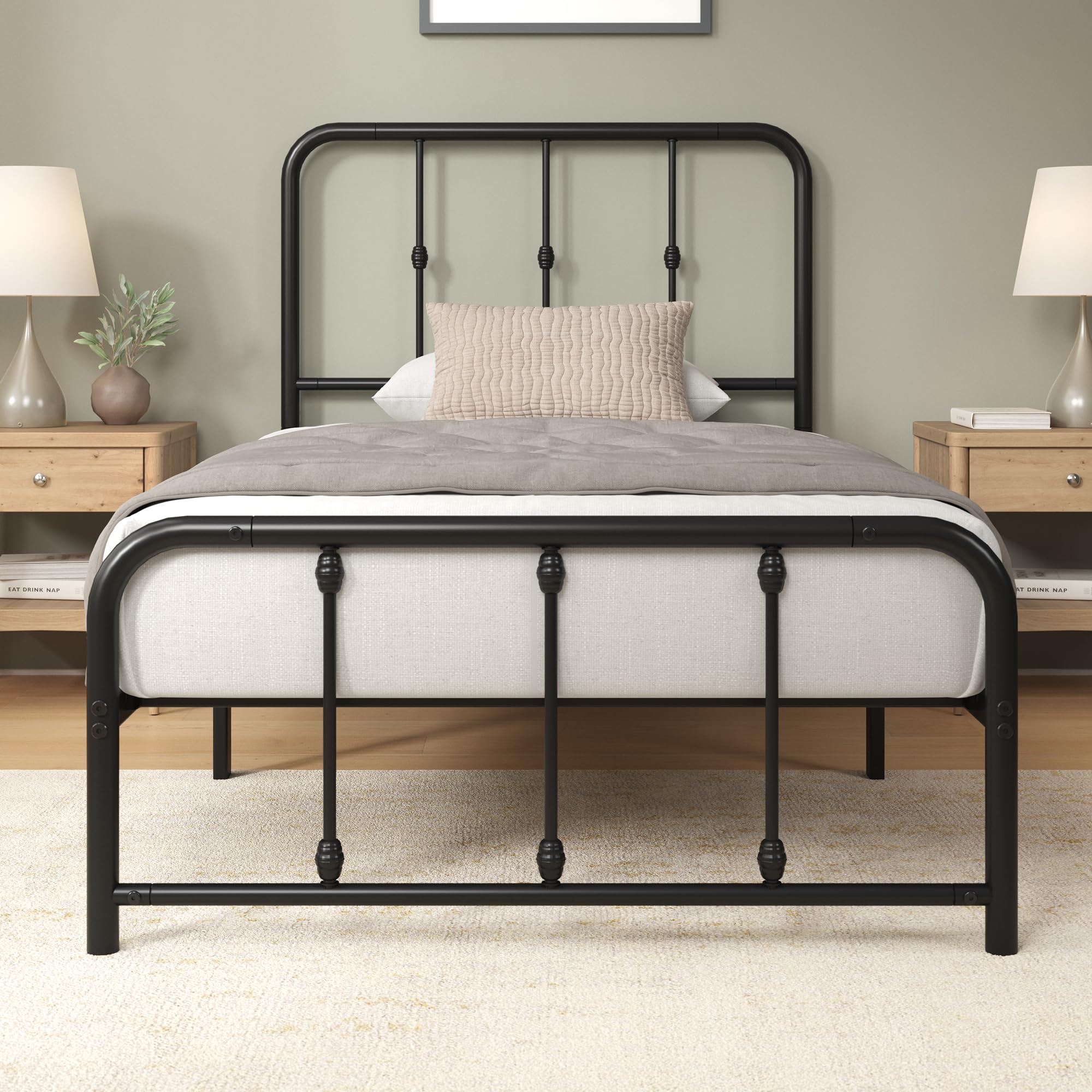Zinus Florence Single Bed Frame - Vintage Style Metal Base with Headboard | 14'' Storage Height | Black 1