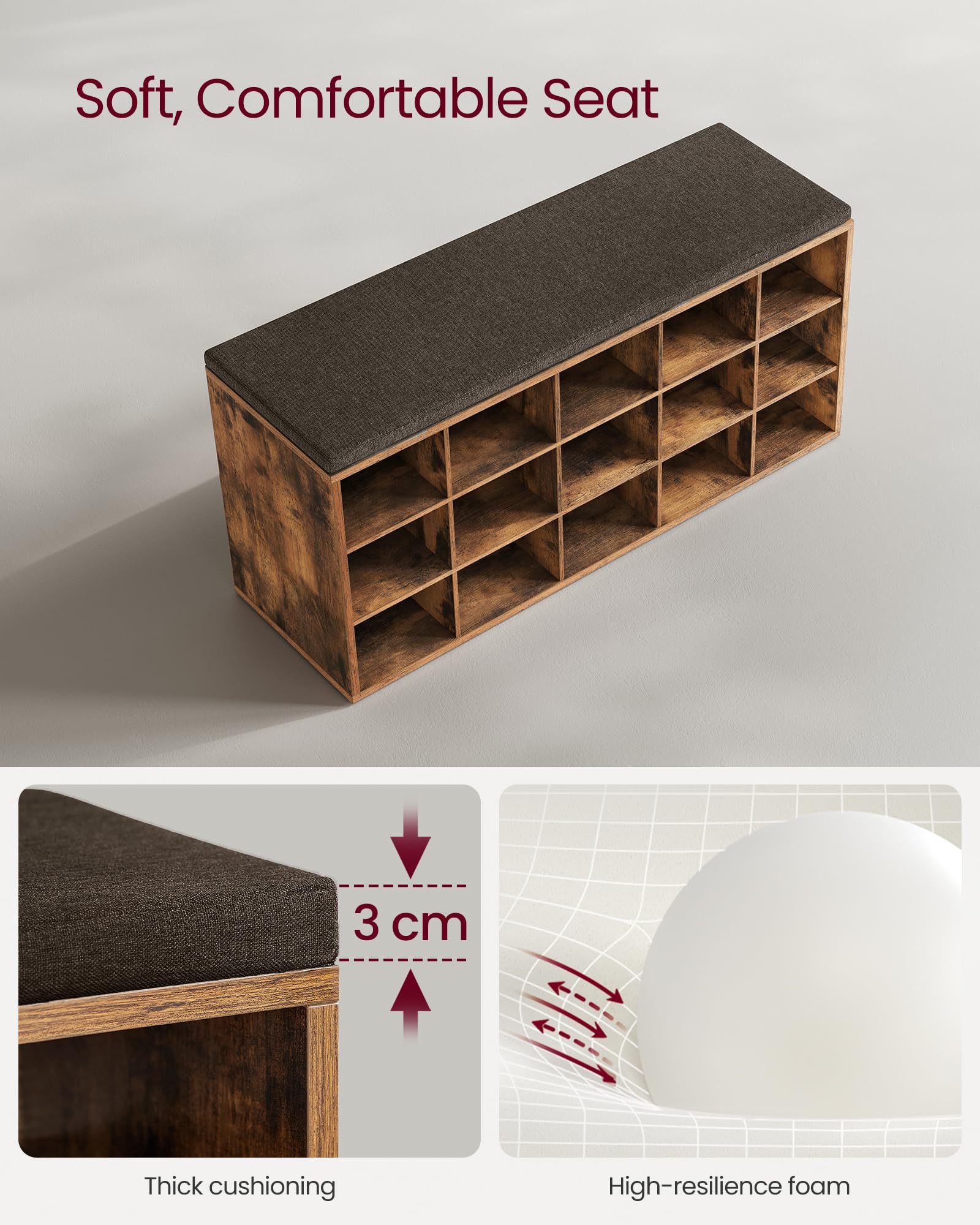 VASAGLE Shoe Storage Bench with Padded Seat | 15 Compartments | 30 x 105 x 48 cm | Rustic Brown/Chestnut Brown 8